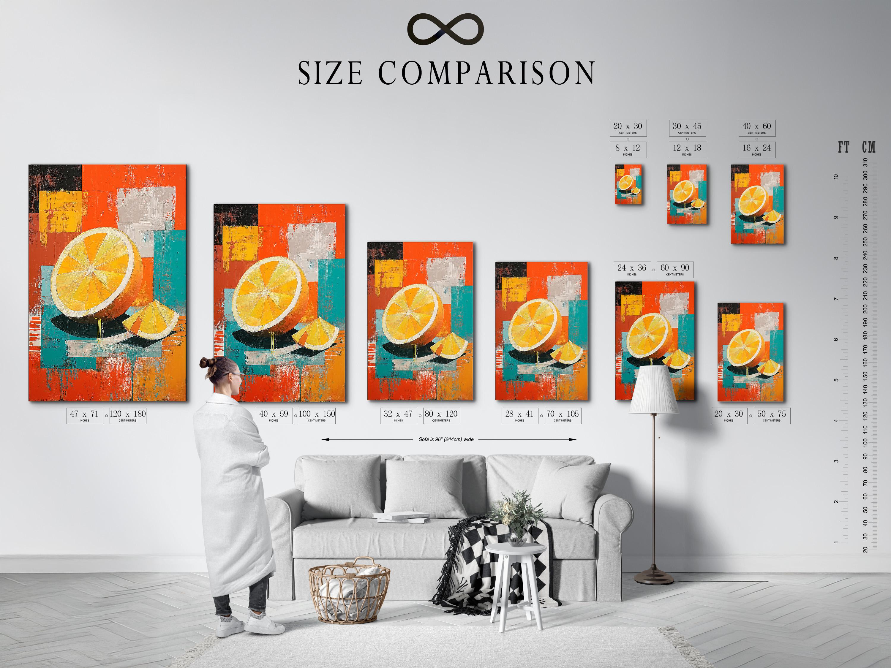 A bold orange-yellow citrus slice motif sits over layered patchwork blocks in orange, teal, yellow and charcoal, with painterly, distressed textures