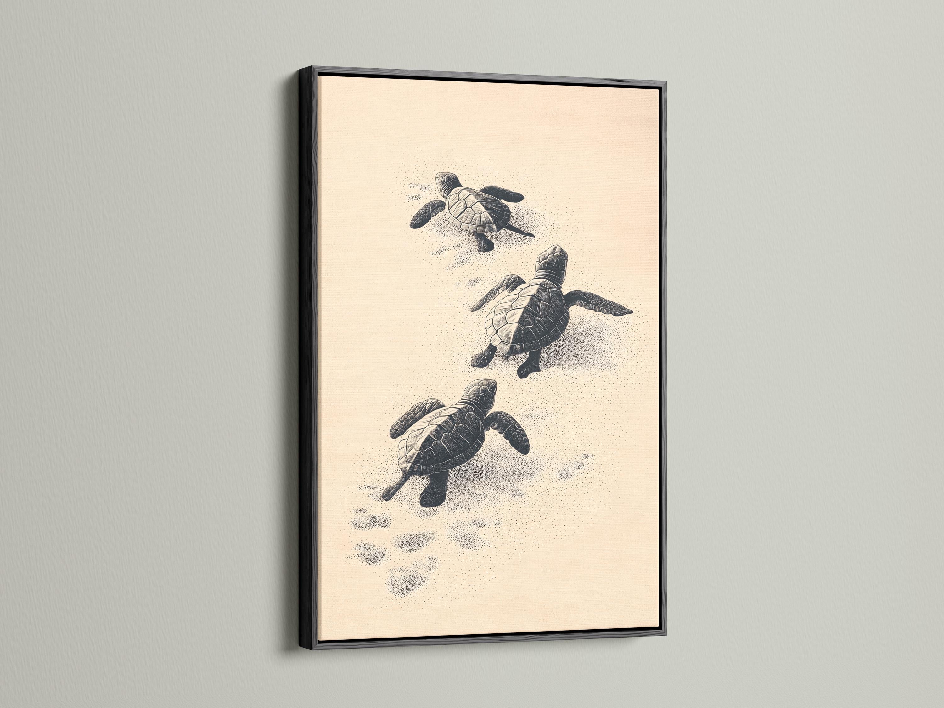 Illustrated sea turtles in charcoal tones on a warm beige background with dotted sand texture detail view