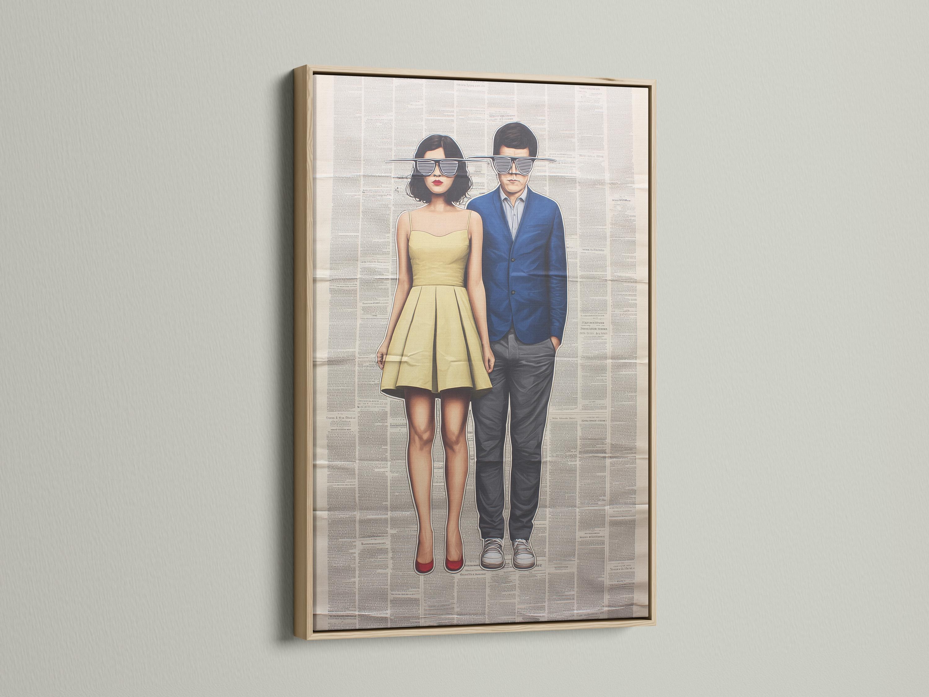 Wall mockup showing framed retro couple artwork with newspaper-text background