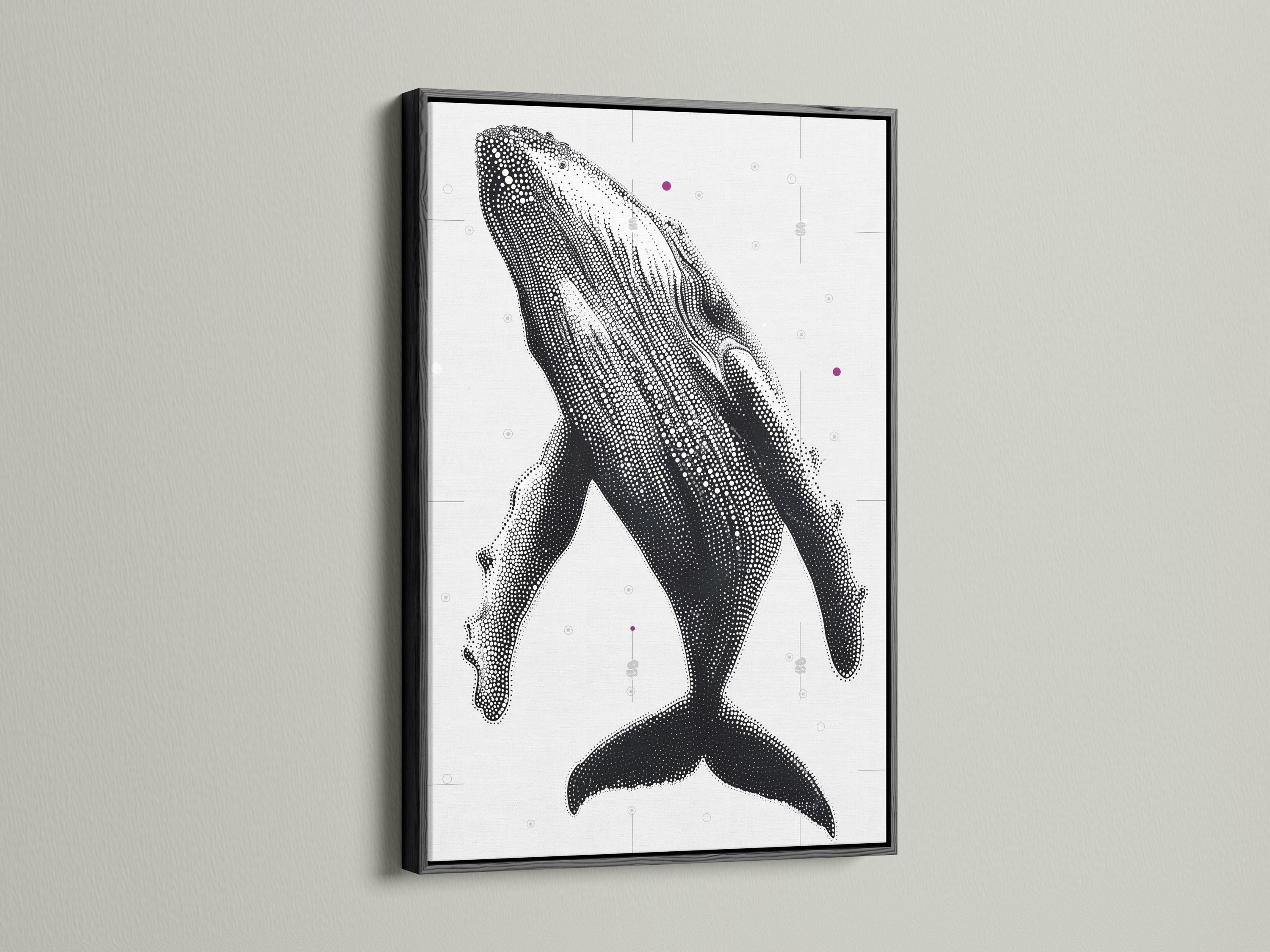 Humpback whale wall art mockup with dotted whale illustration in black and white