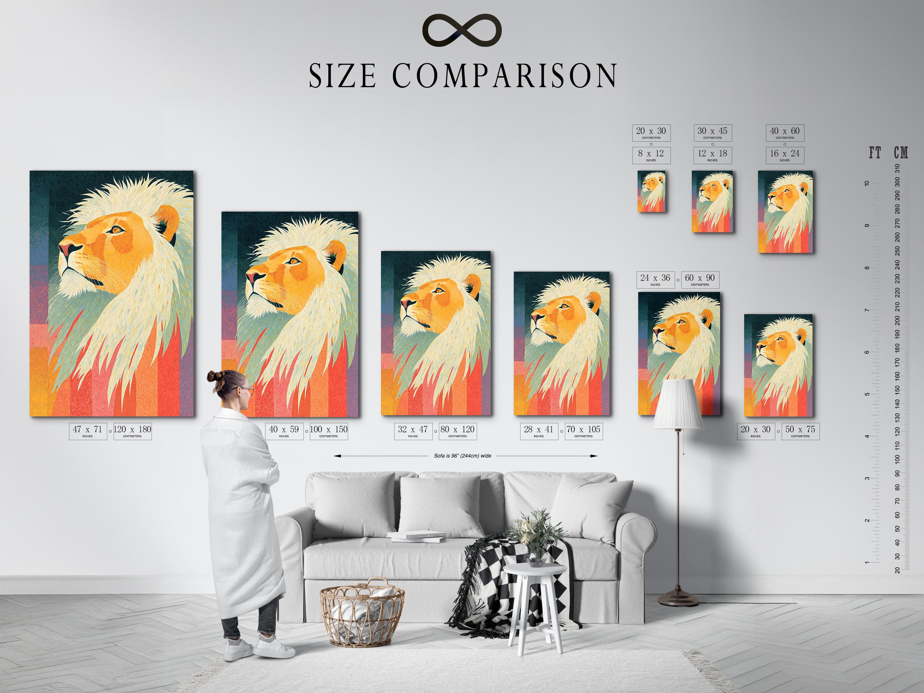 A lion portrait is shown in bright golden ochres with pale cream mane, set against a teal and sunset-coloured geometric background detail view