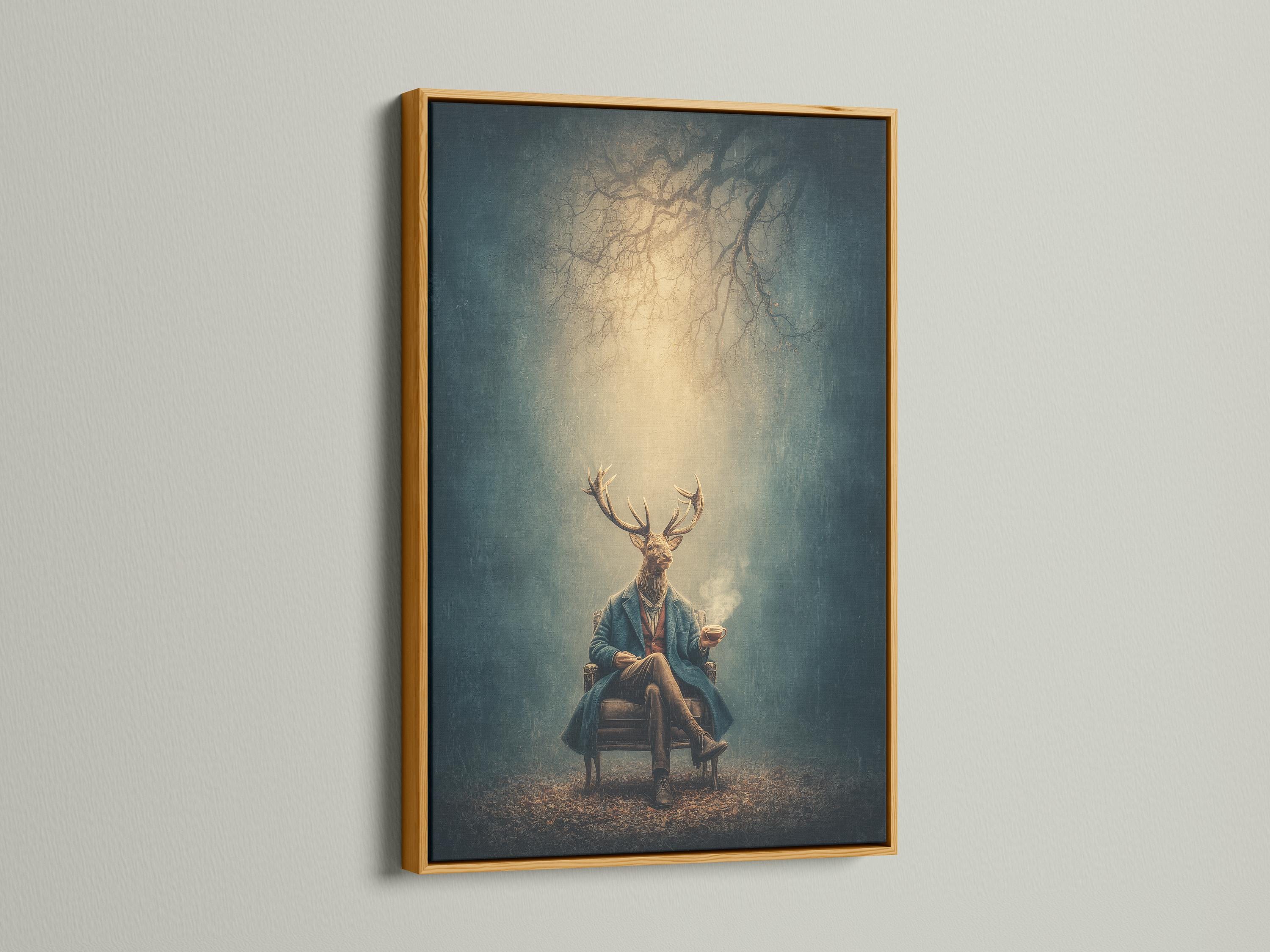 Deer-headed gentleman with antlers in a teal jacket holding a cup, painterly teal and beige portrait detail view