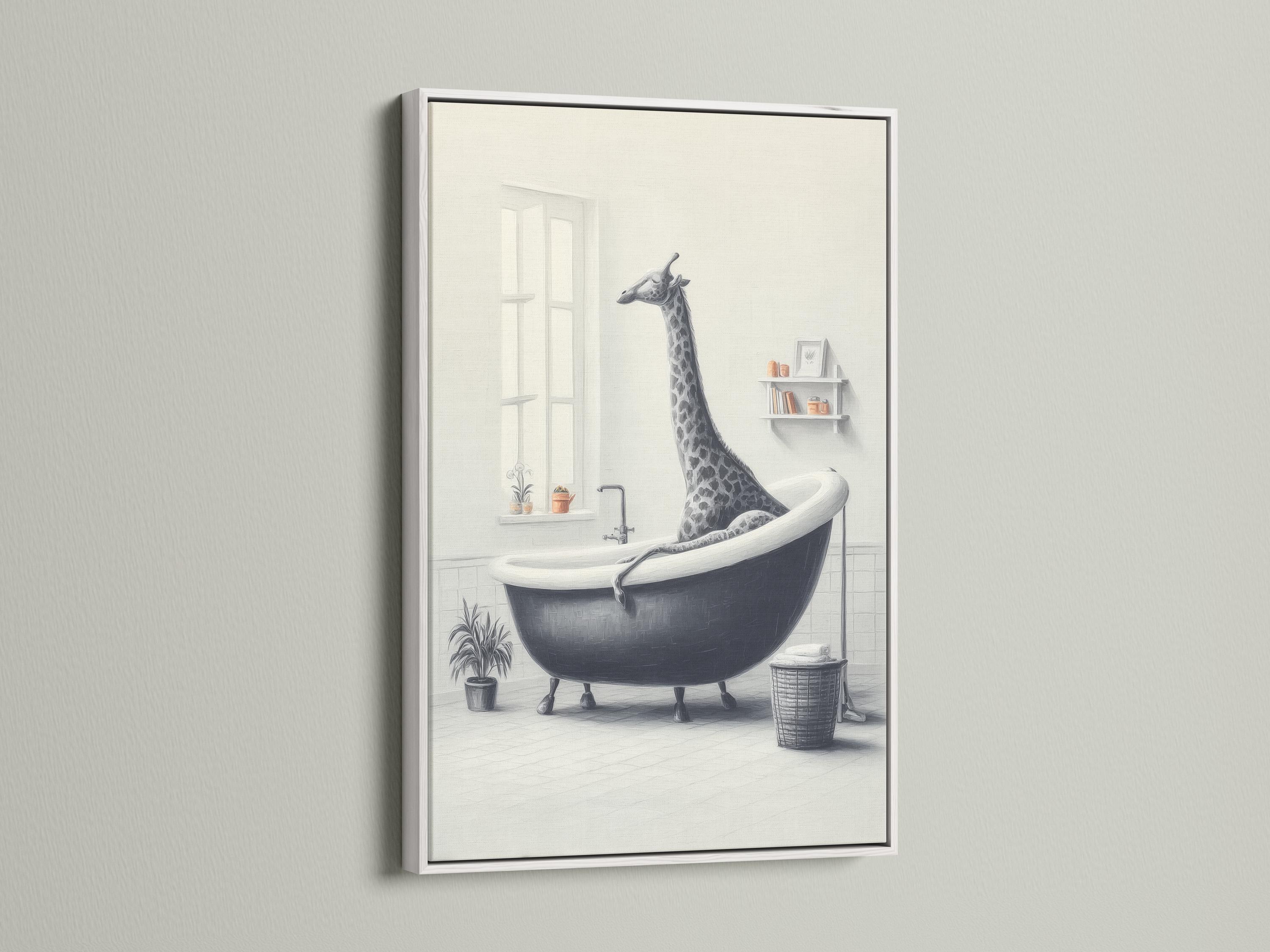 Black-and-white illustration of a giraffe standing in a bathtub in a pale bathroom scene detail view