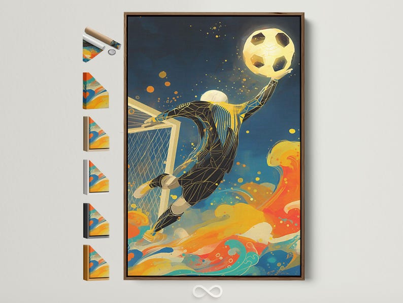 A stylised soccer goalkeeper reaching toward a glowing yellow ball with a goal net and colourful swirls