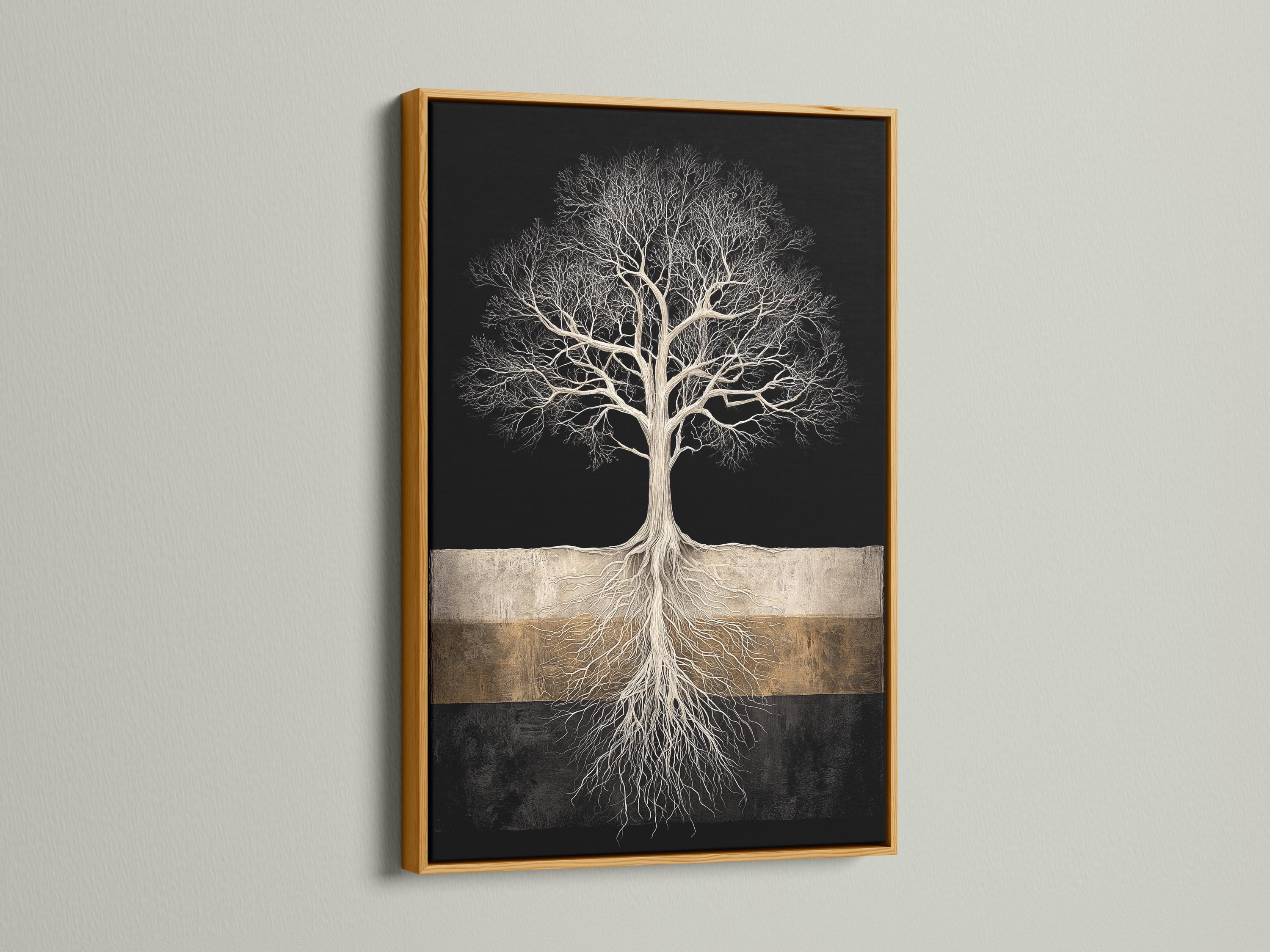 Framed tree roots artwork mockup on a light background