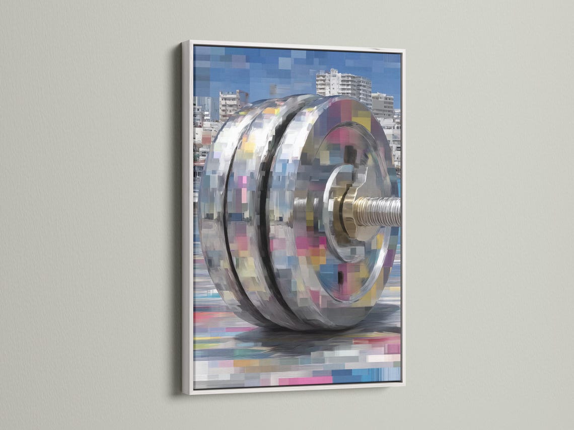 Stylised barbell end with curved motion arcs over a blocky city skyline in blue tones detail view