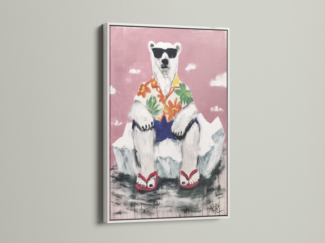 Stylised polar bear with a tropical shirt, standing against a blush pink background detail view
