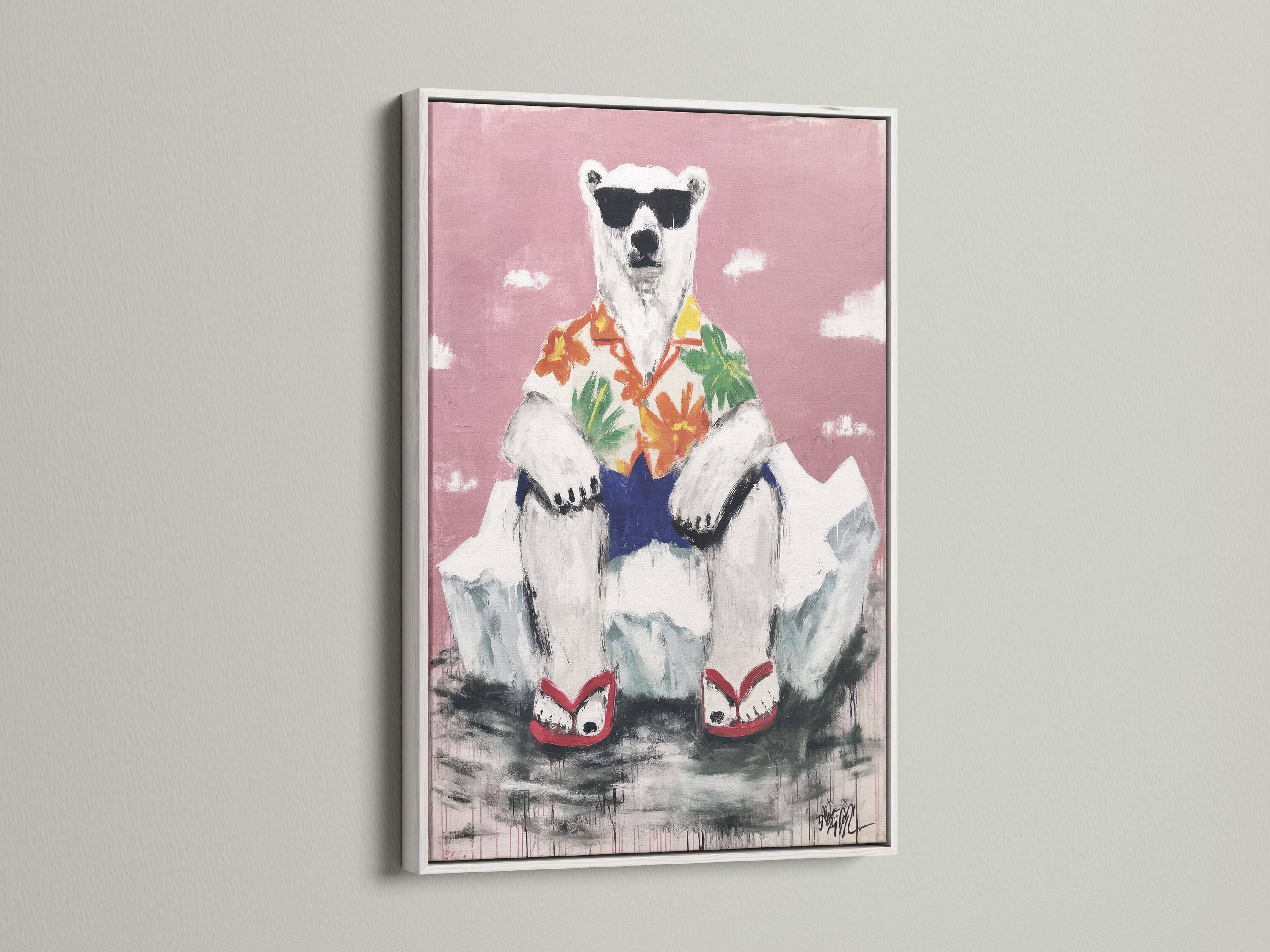 Stylised polar bear with a tropical shirt, standing against a blush pink background detail view