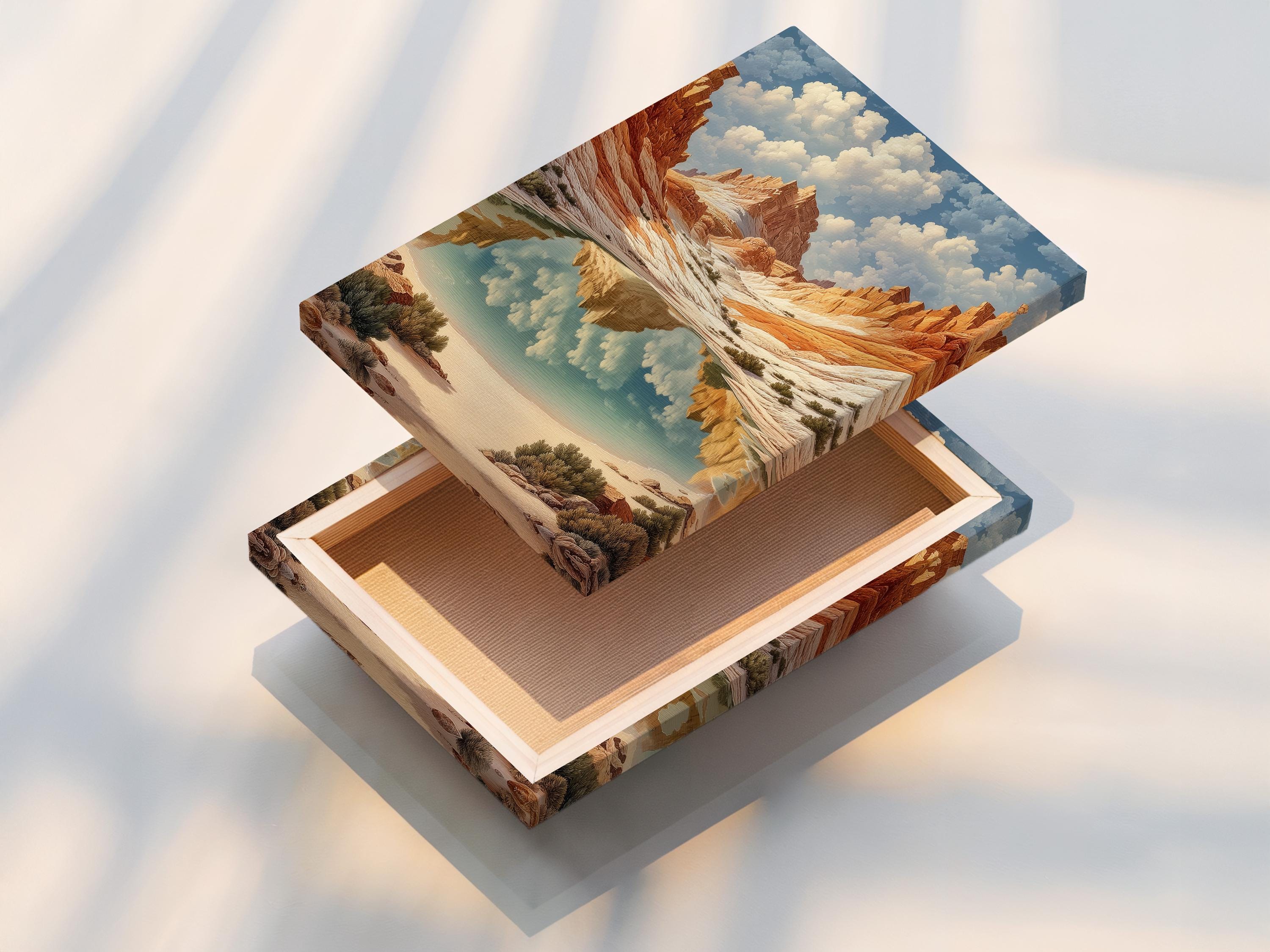 Terracotta desert canyon landscape with reflective water and cream clouds in a light blue sky detail view
