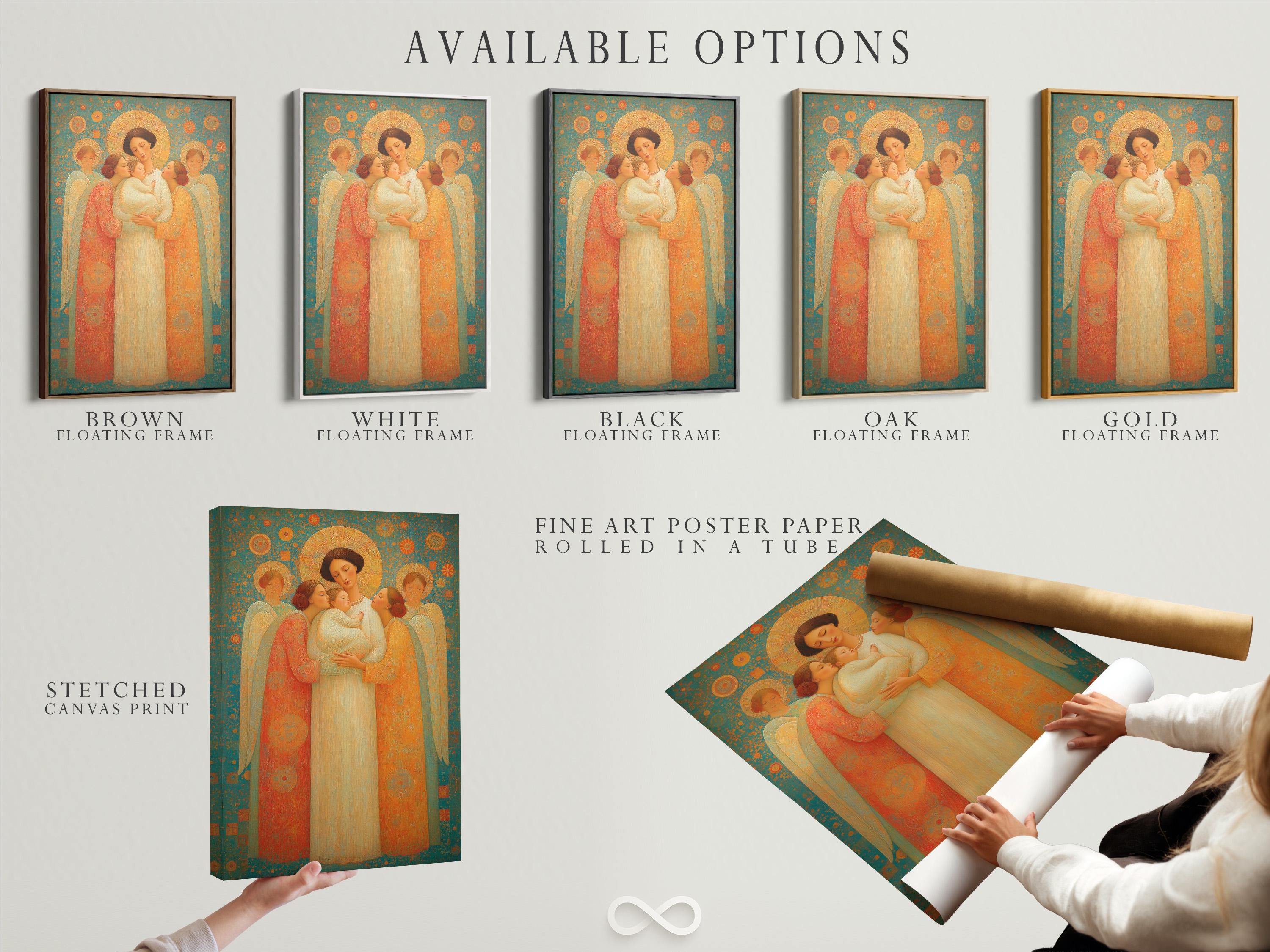 Angel family scene with haloed figures in teal, gold and cream, cradling a baby detail view