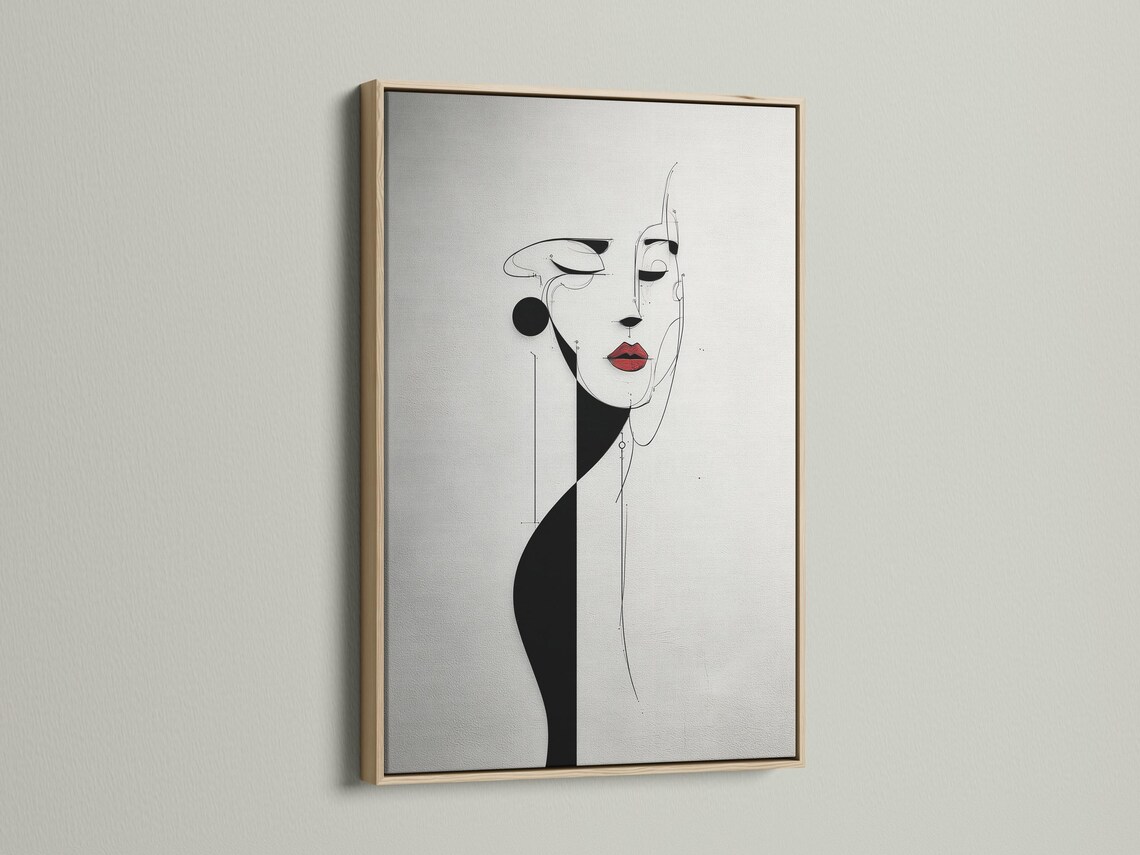 Minimalist black and white line-art woman face with red lips accent detail view