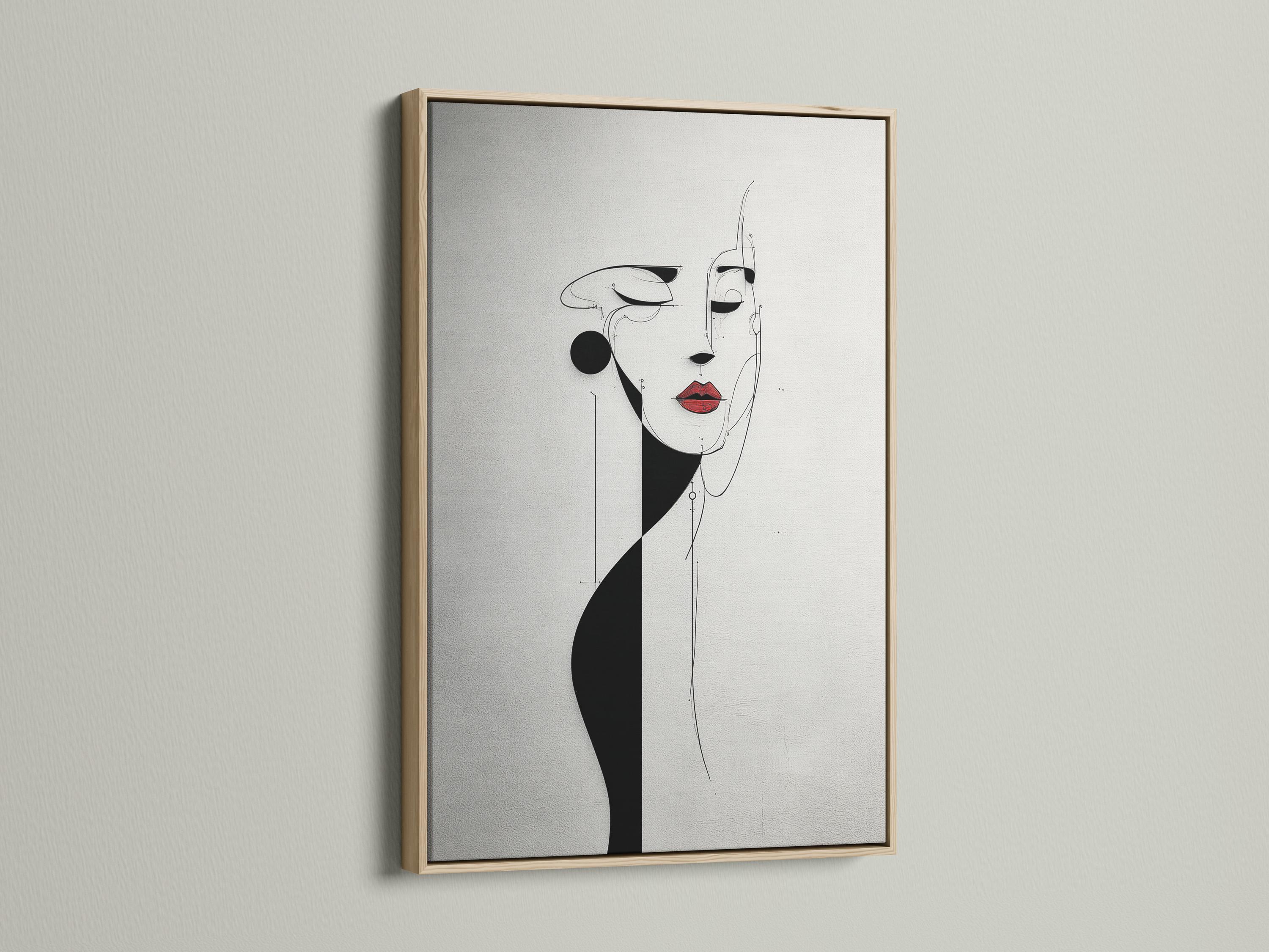 Minimalist black and white line-art woman face with red lips accent detail view