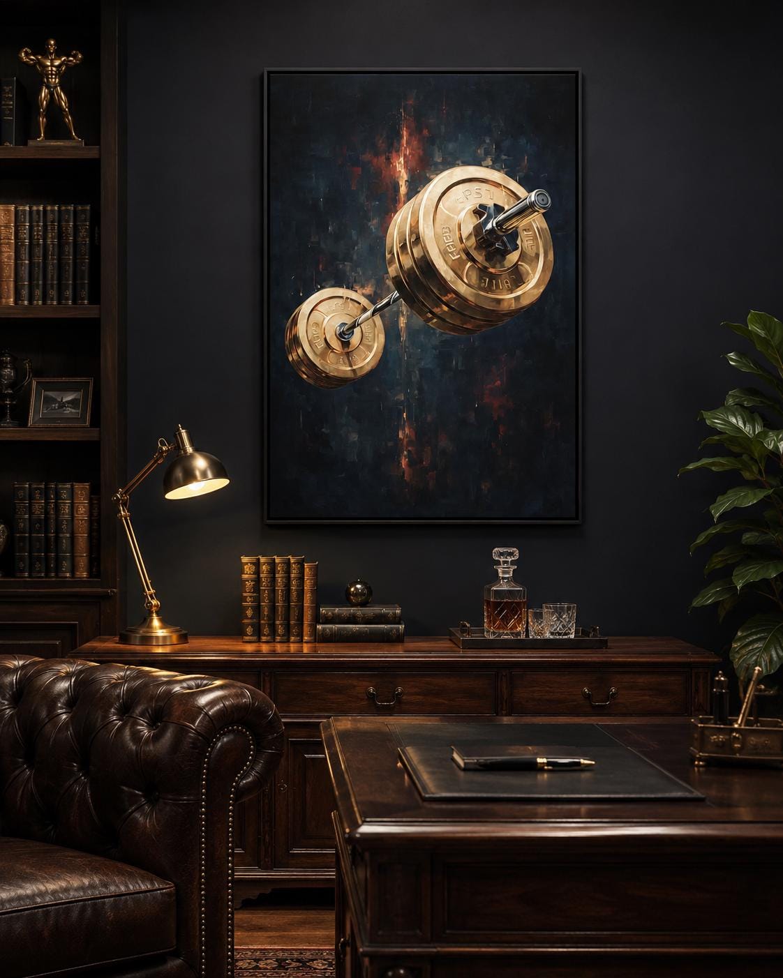 A man standing near a framed gold barbell artwork in a gym-like interior