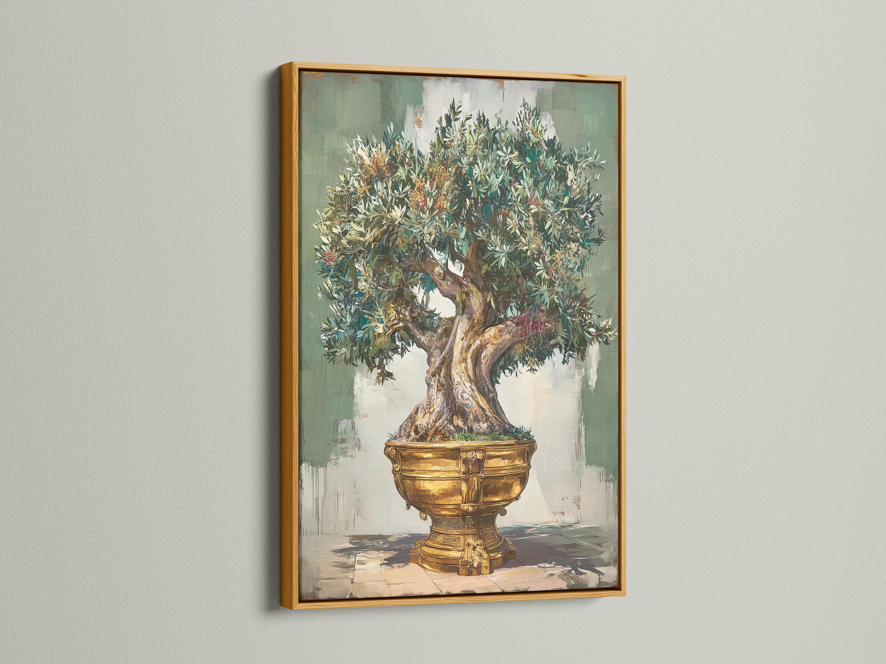 Room mockup showing olive tree wall artwork in a framed presentation