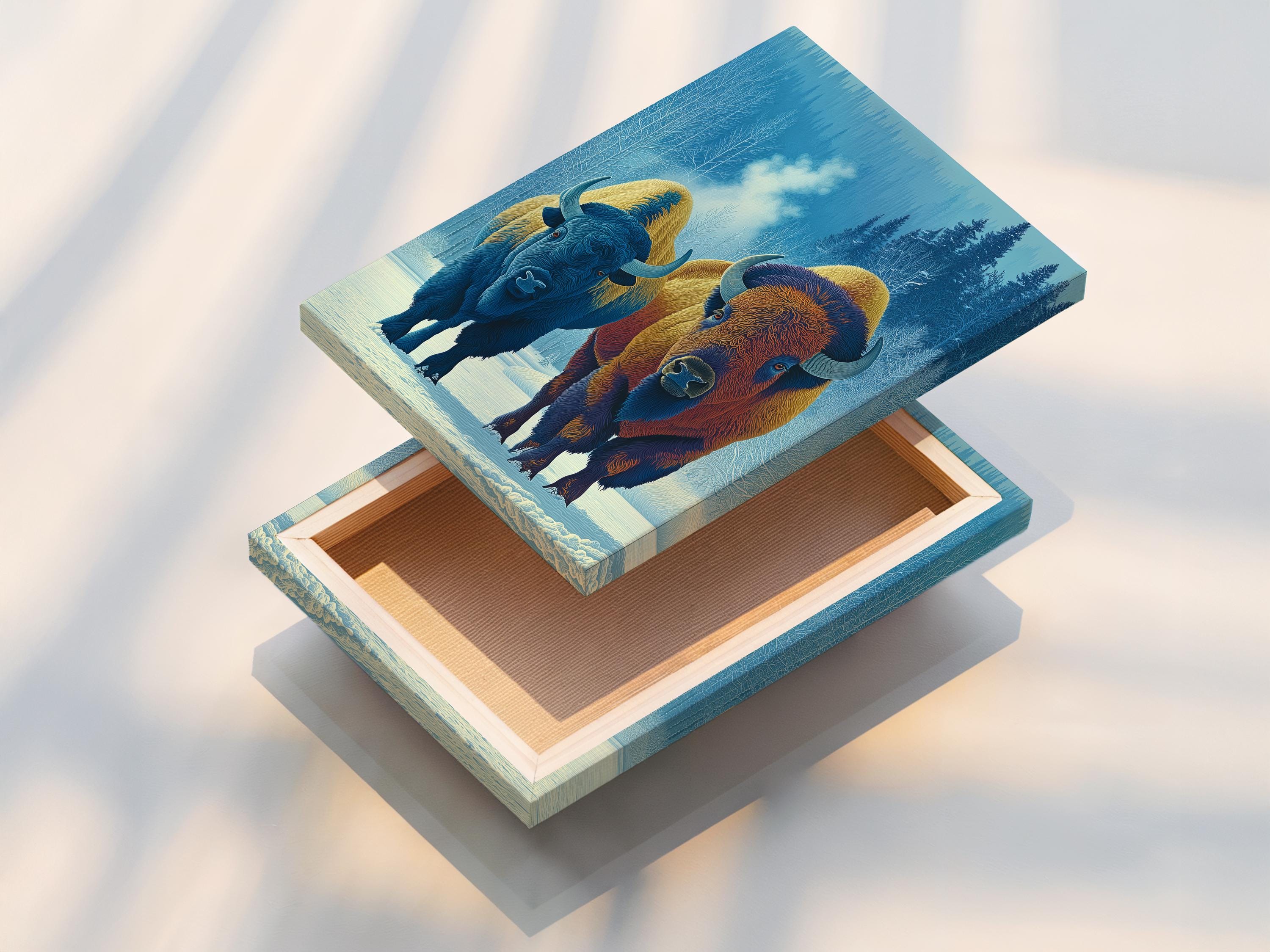 Two stylised bison in a snowy forest scene with cool blue trees and warm fur tones detail view
