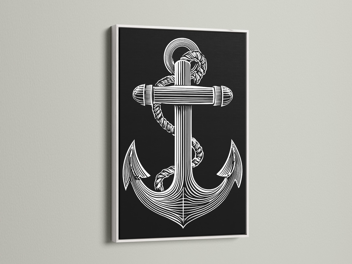 Black and white anchor line art with a profile figure and circular ring halo detail view