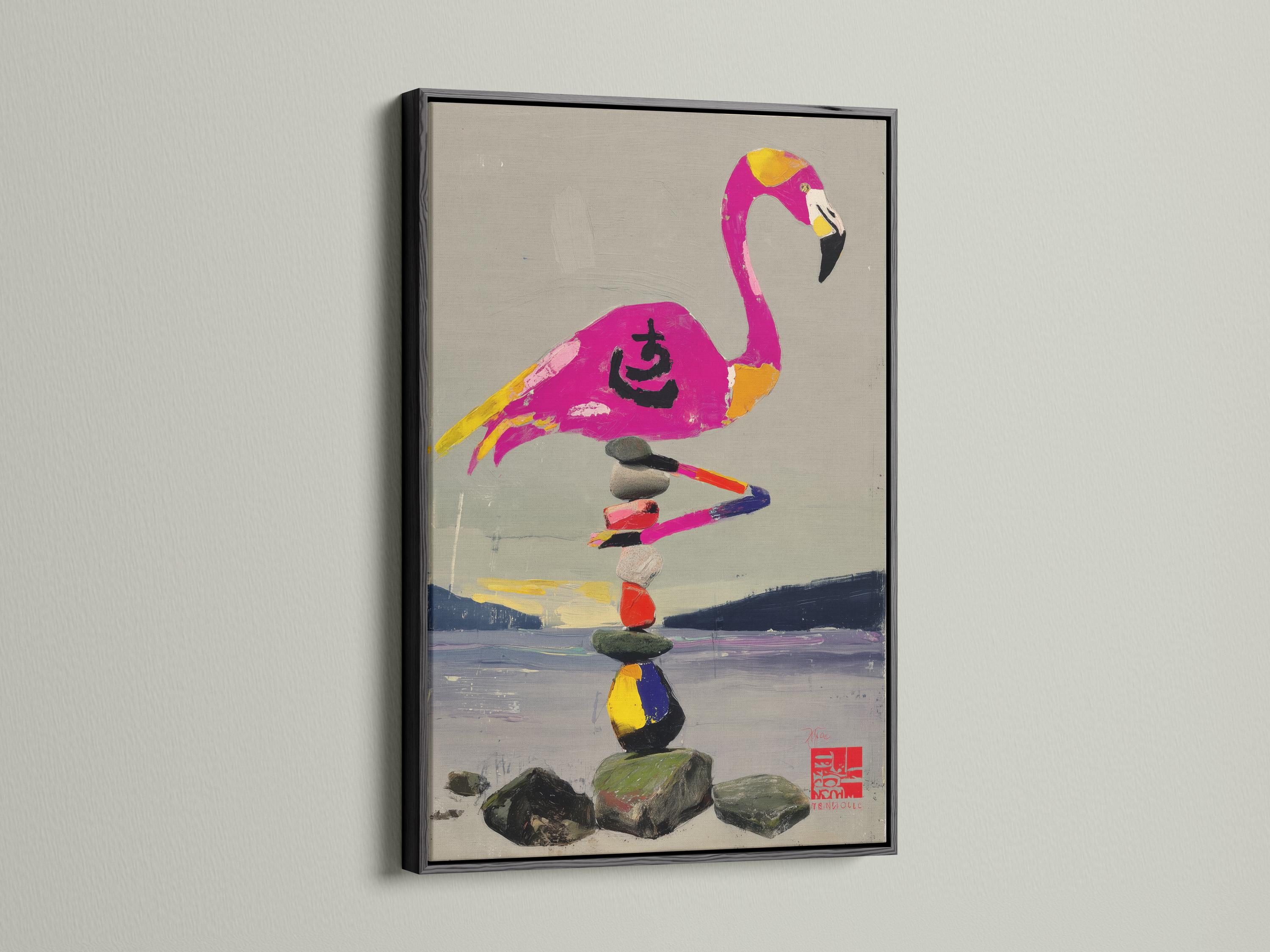 Stylised pink flamingo balancing on a stack of multicoloured stones detail view
