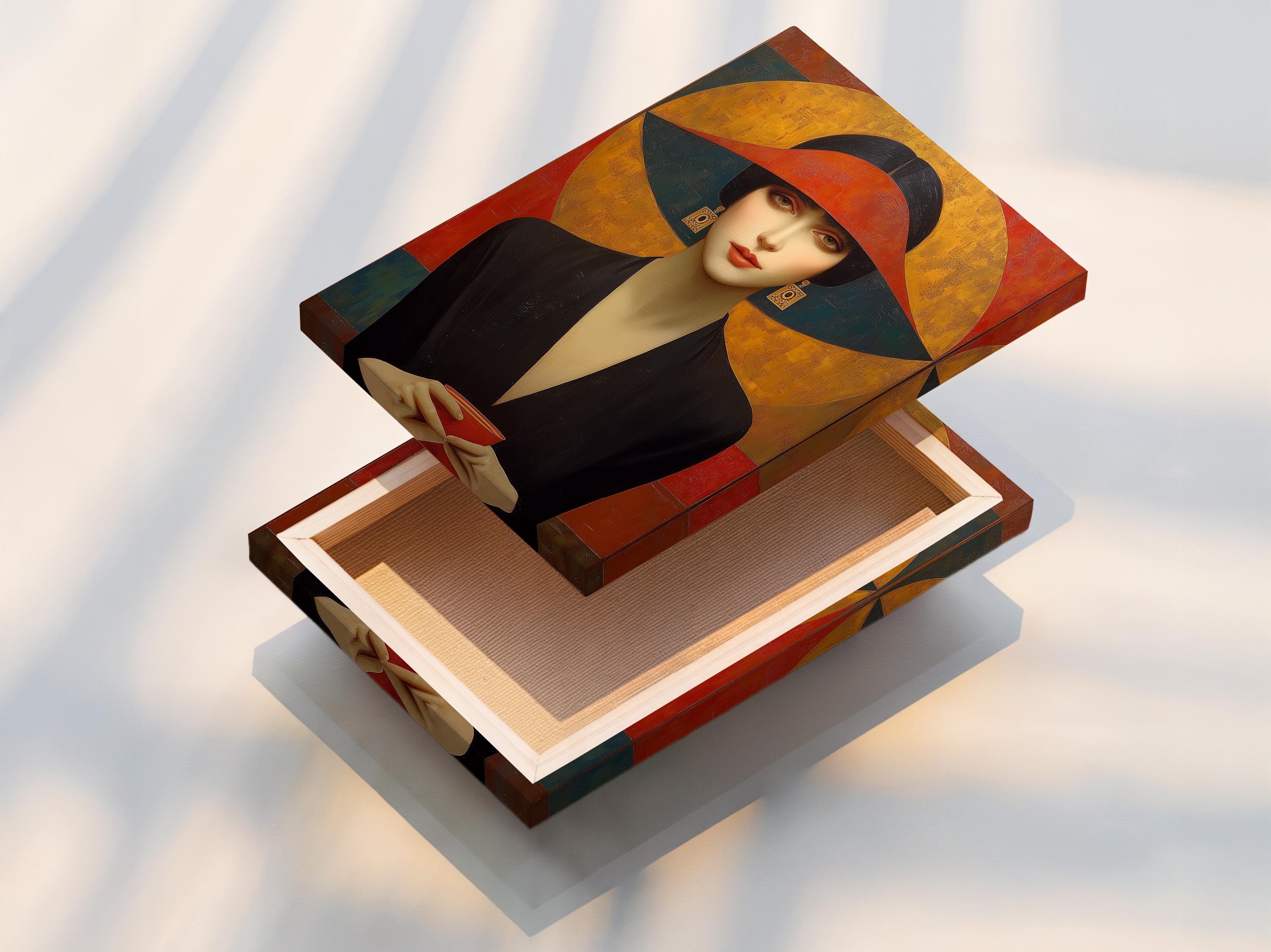 Stylised woman portrait in a dark hat with Art Deco geometric shapes in gold, red and black detail view