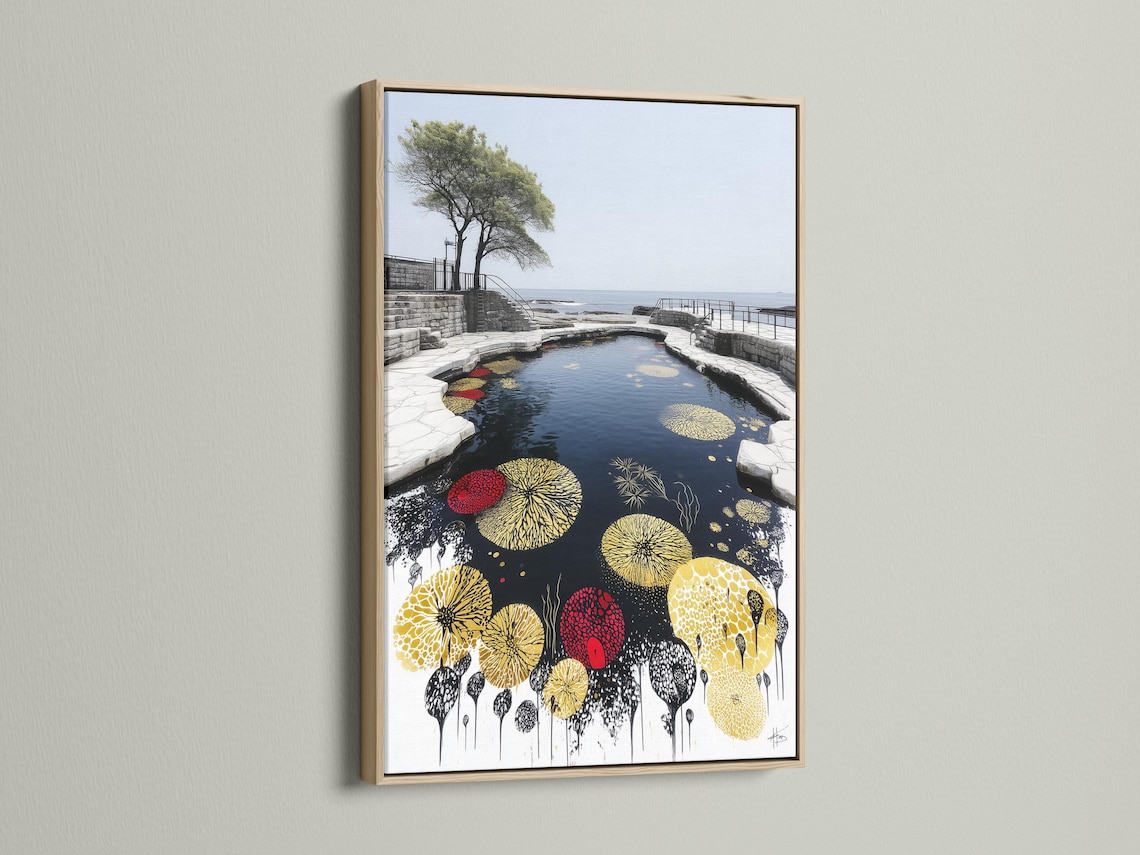 Portrait artwork showing a pond or water channel with floating lily pads in gold and yellow and dark ink splashes detail view