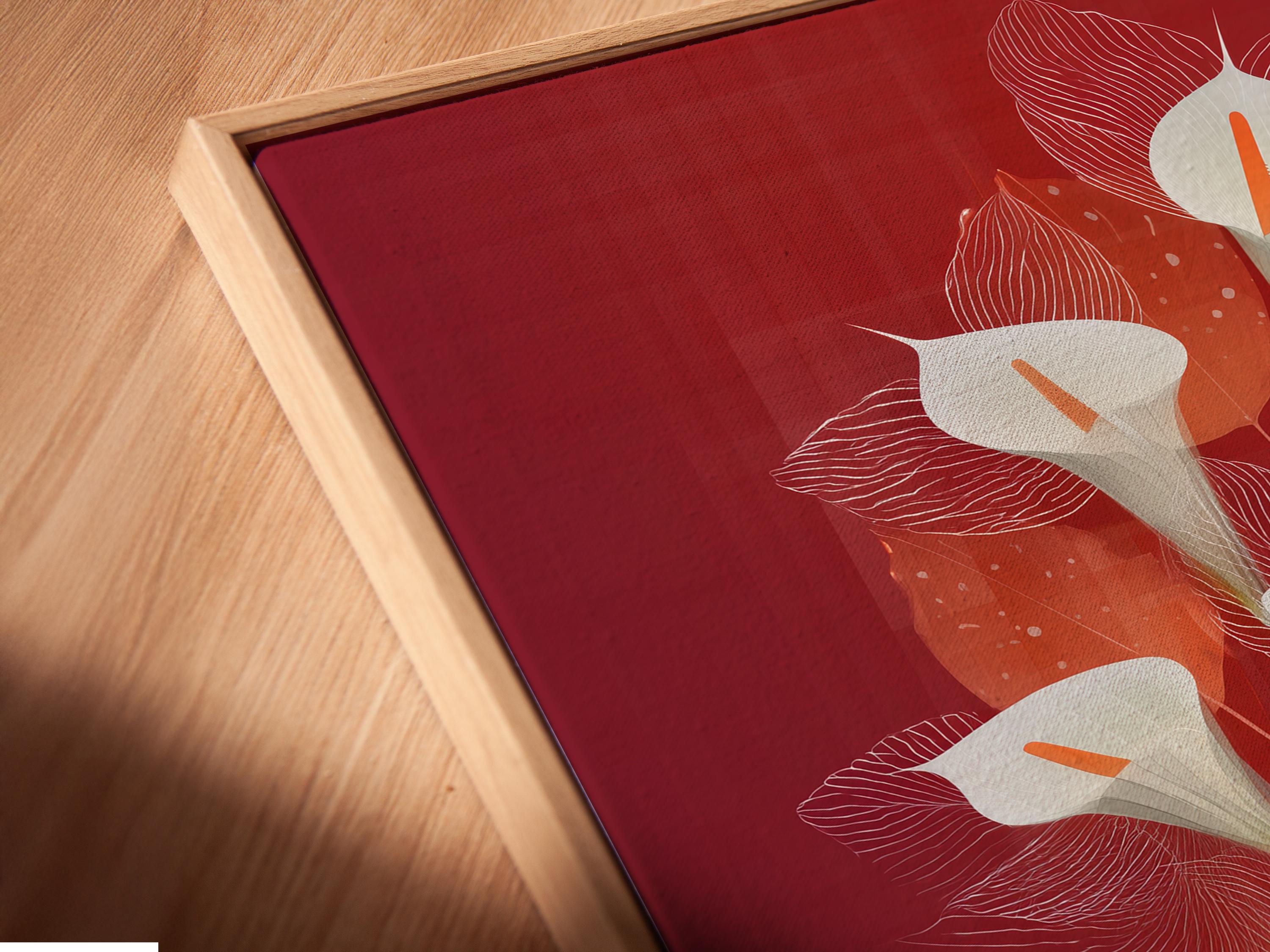 Stylised calla lily bouquet with white flowers, orange centres and blue stems on a burgundy background detail view