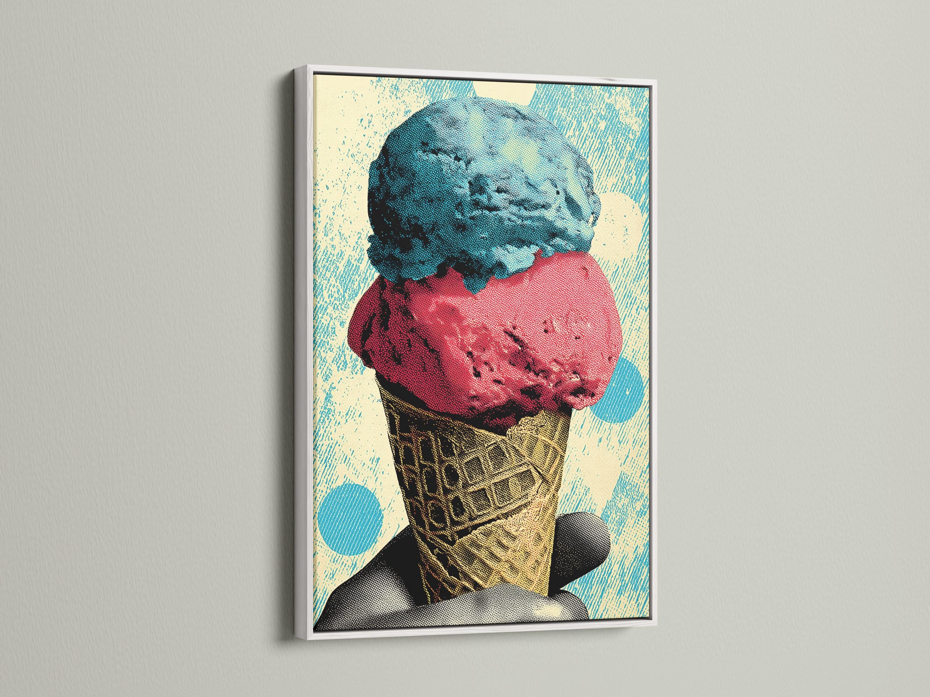Pop-art ice cream cone illustration with turquoise and coral scoops and a patterned cone detail view