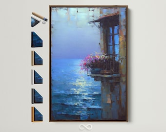 Azure Balcony Seascape Canvas Print - Coastal Mediterranean Wall Art, Blue Ocean Painting, Relaxing Vacation Home Decor, Living Room Art