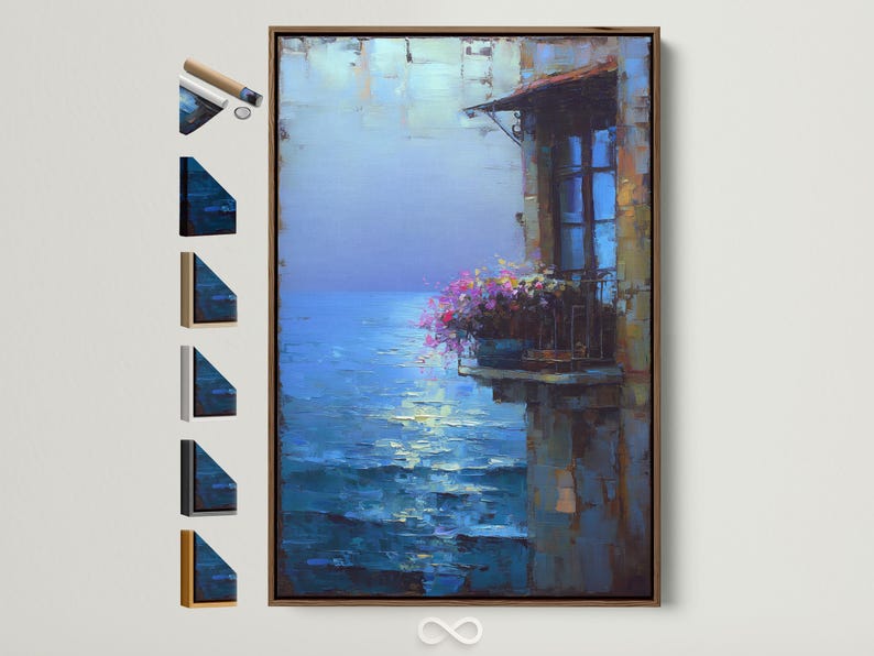 Painterly blue ocean seascape with reflections, dark buildings and a pink flower cluster