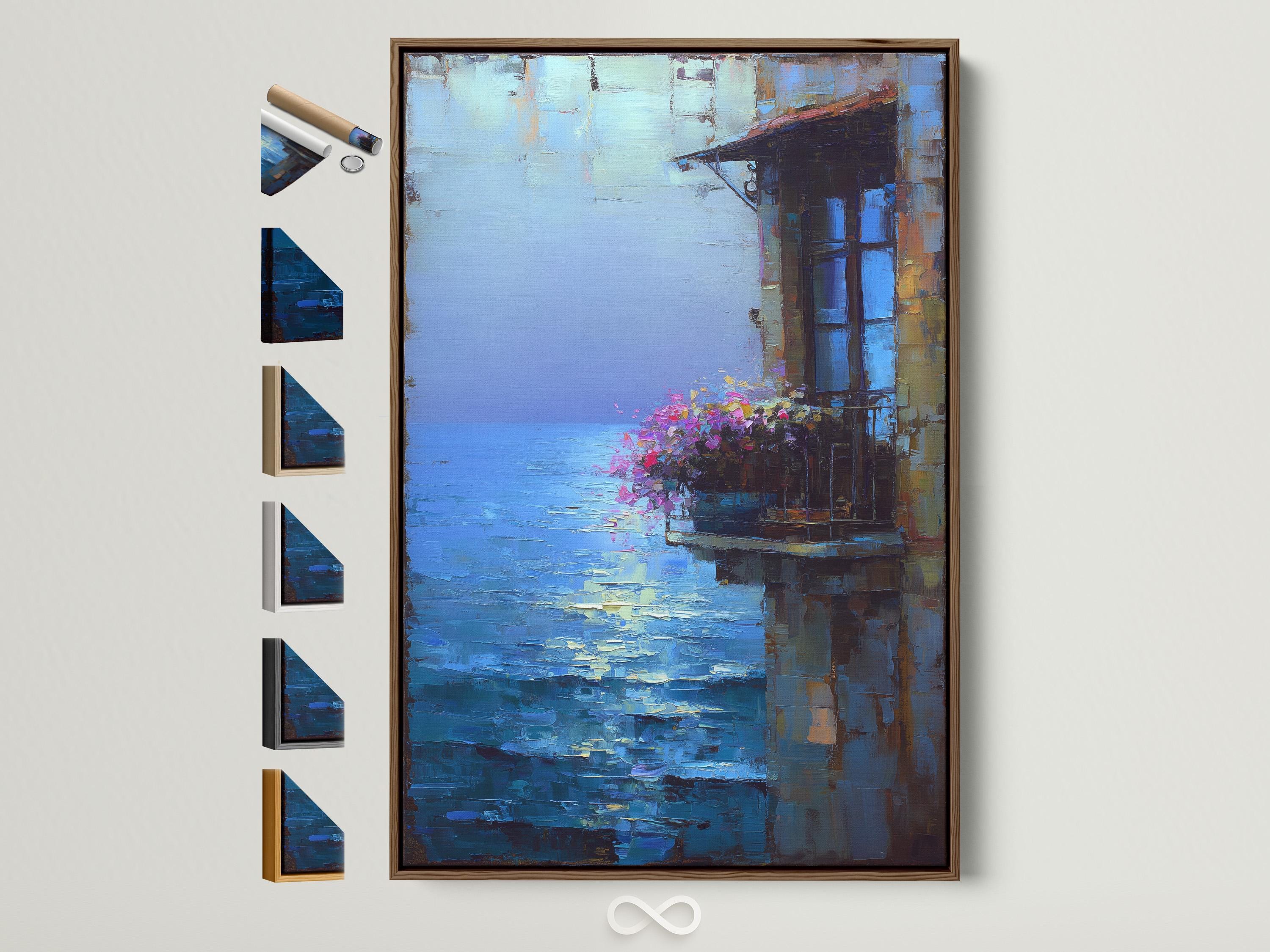 Painterly blue ocean seascape with reflections, dark buildings and a pink flower cluster