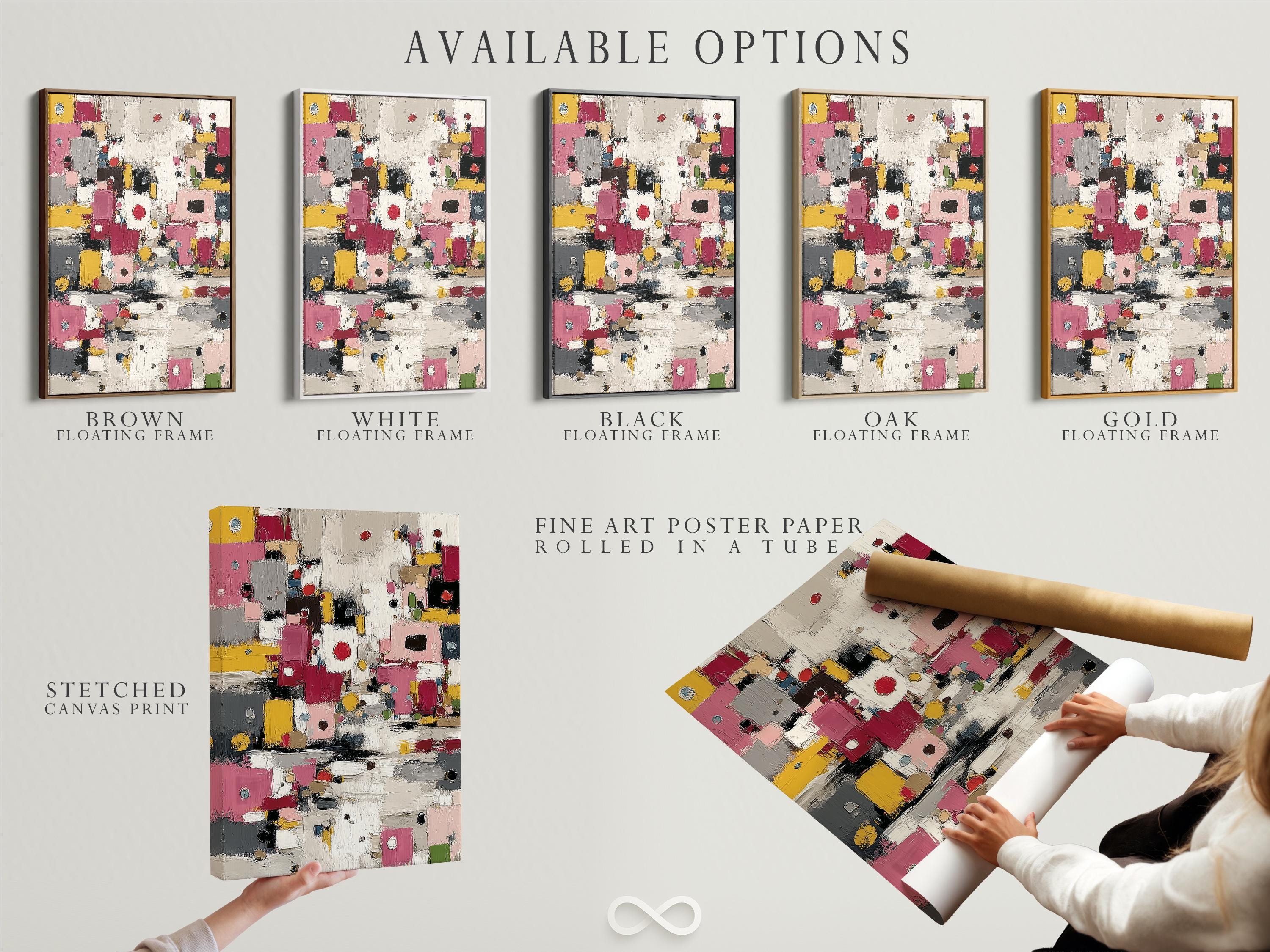 Textured abstract artwork with layered geometric blocks in pink, yellow, grey and black detail view