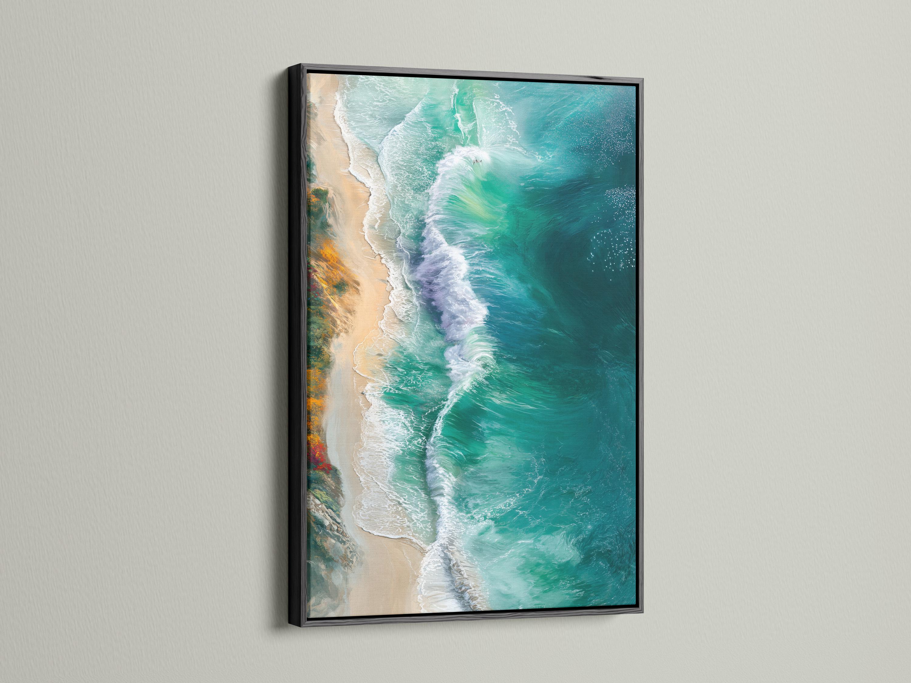 Room mockup showing framed ocean waves artwork in teal and turquoise tones