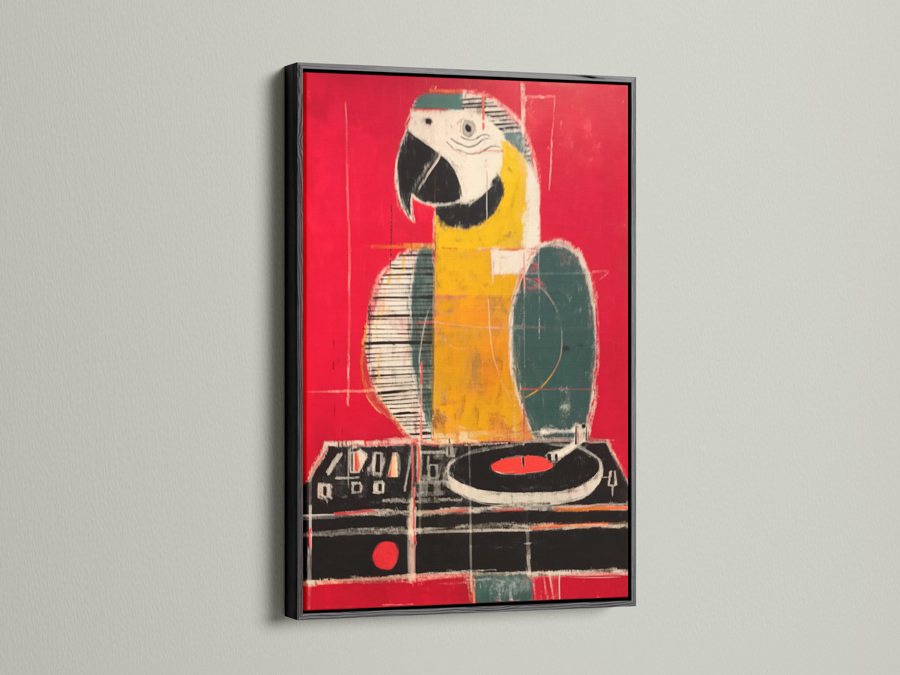 Stylised parrot-like bird artwork in red, yellow and black with painterly, grid-like lines detail view