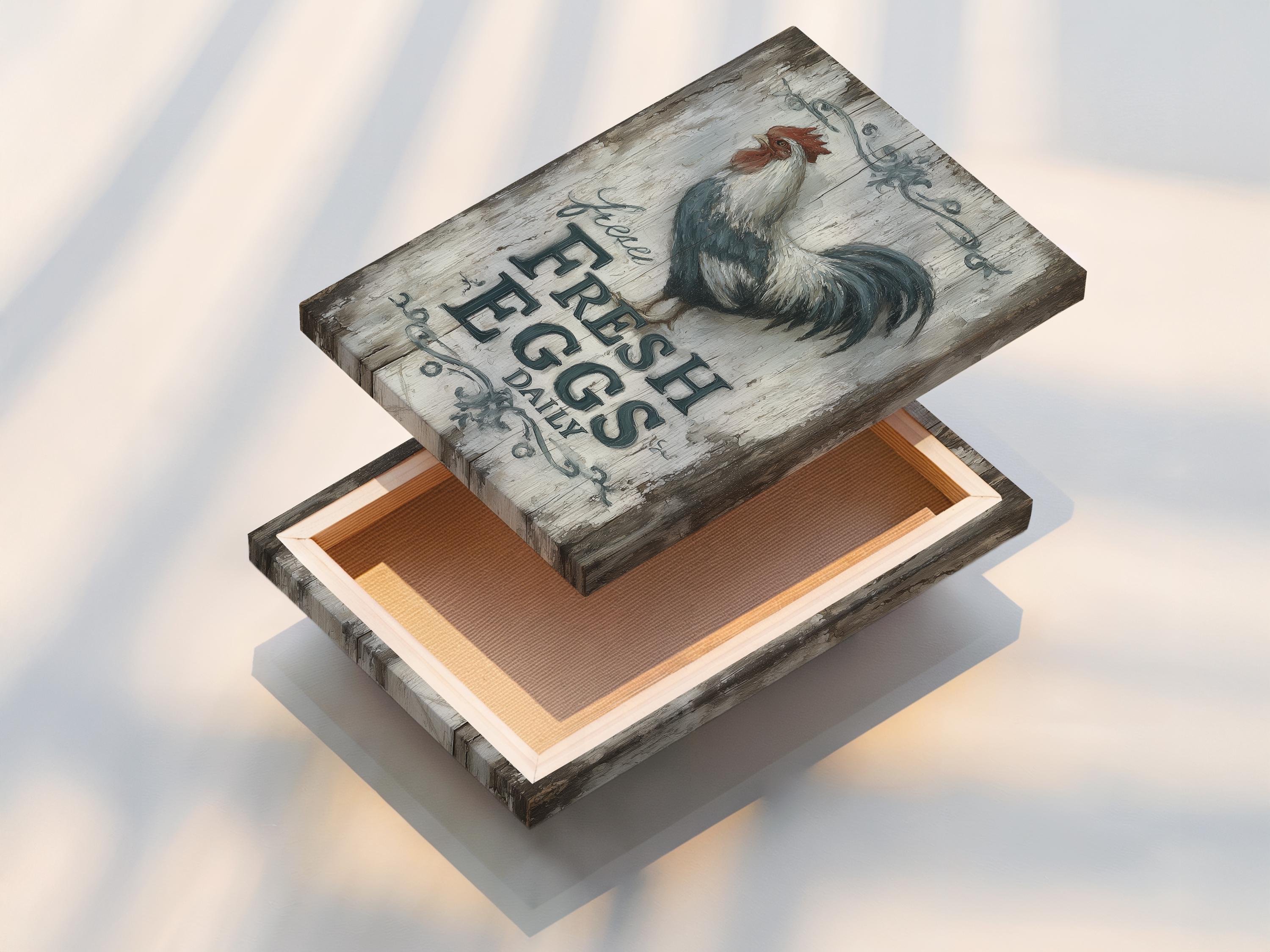 Rooster illustration above distressed text reading “FRESH EGGS DAILY” on a cracked grey background detail view