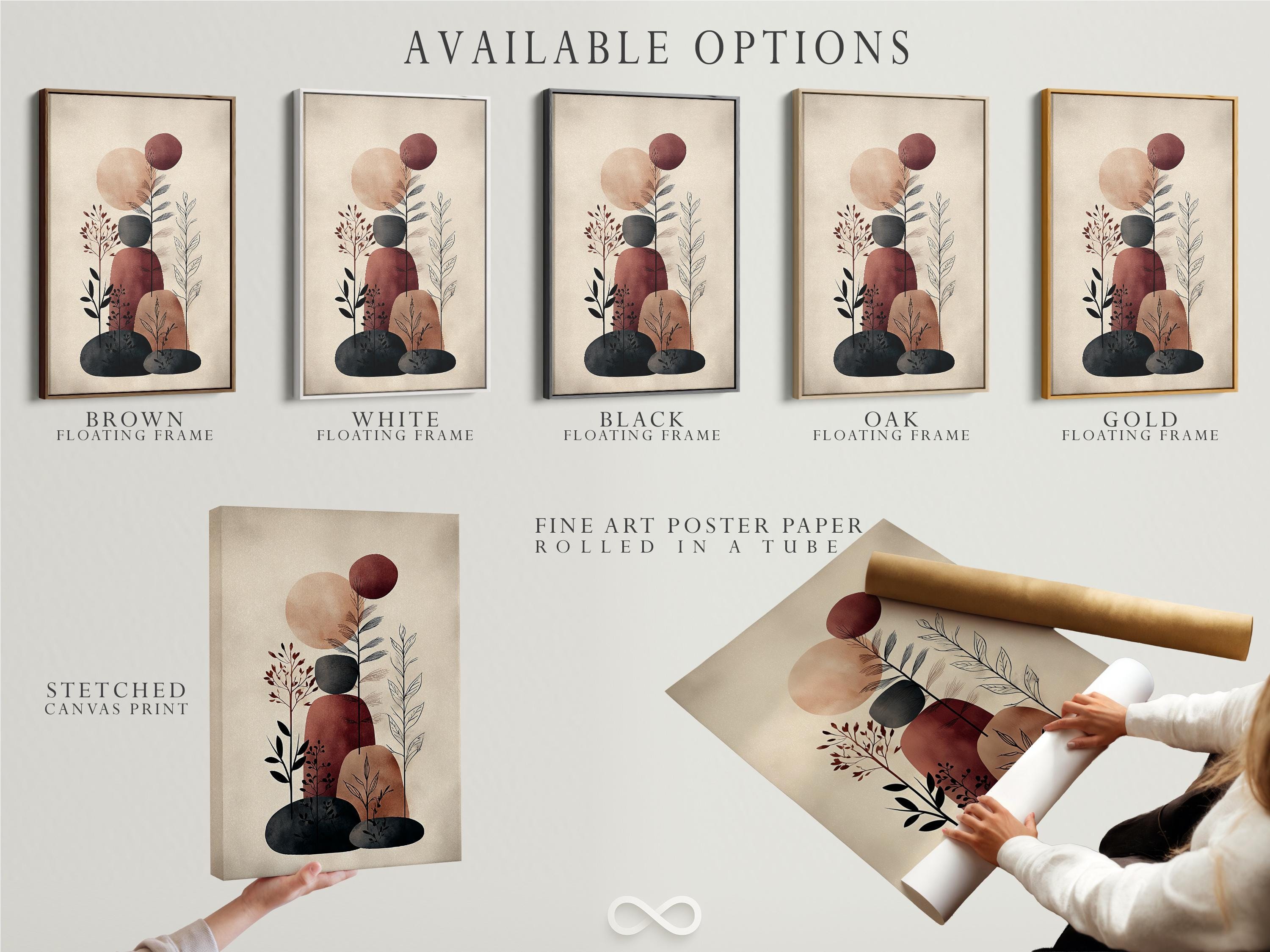 Abstract botanical illustration with beige background, terracotta and burgundy circles, and charcoal plant stems detail view
