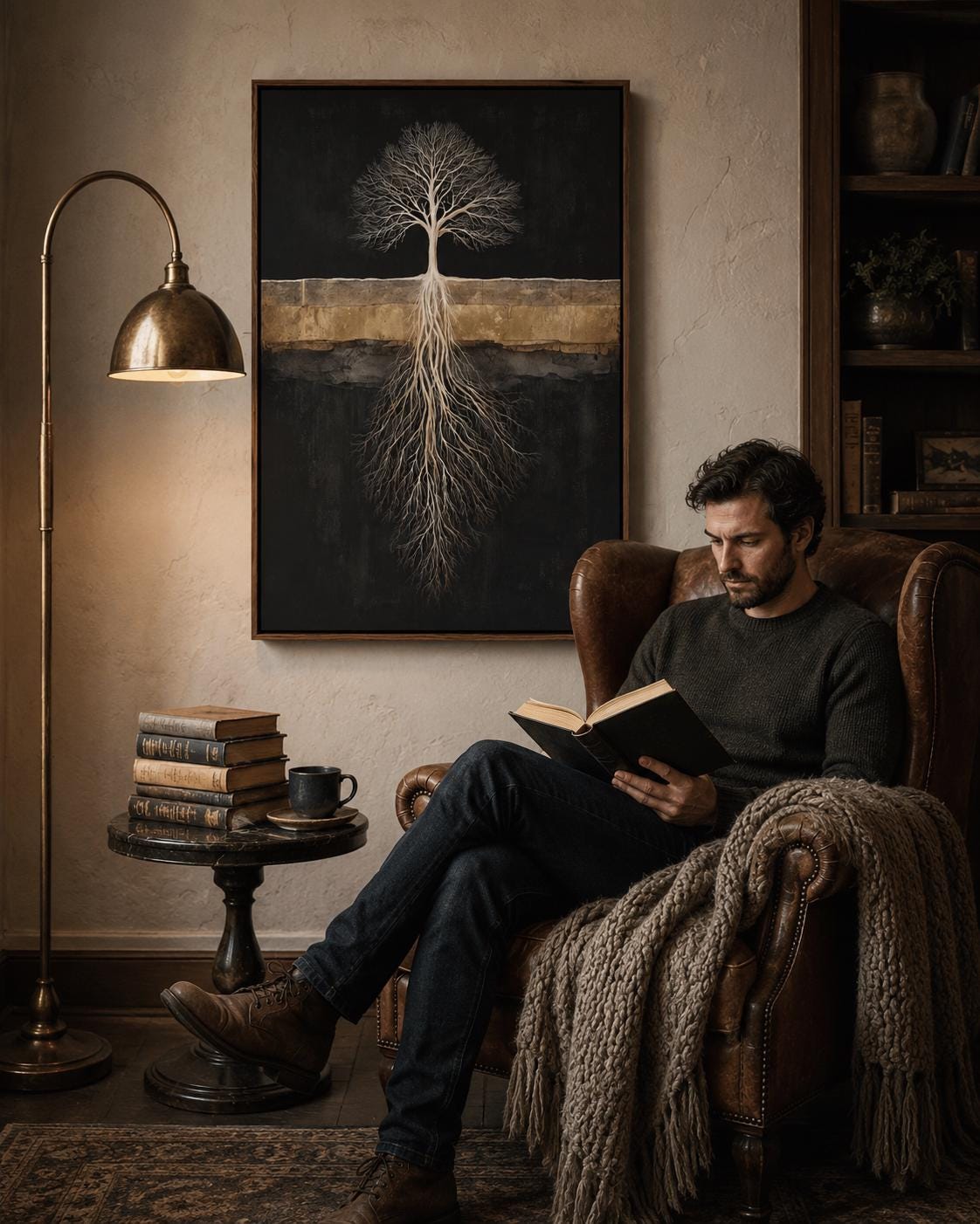 Room mockup with a person reading and a dark tree roots artwork above a bed