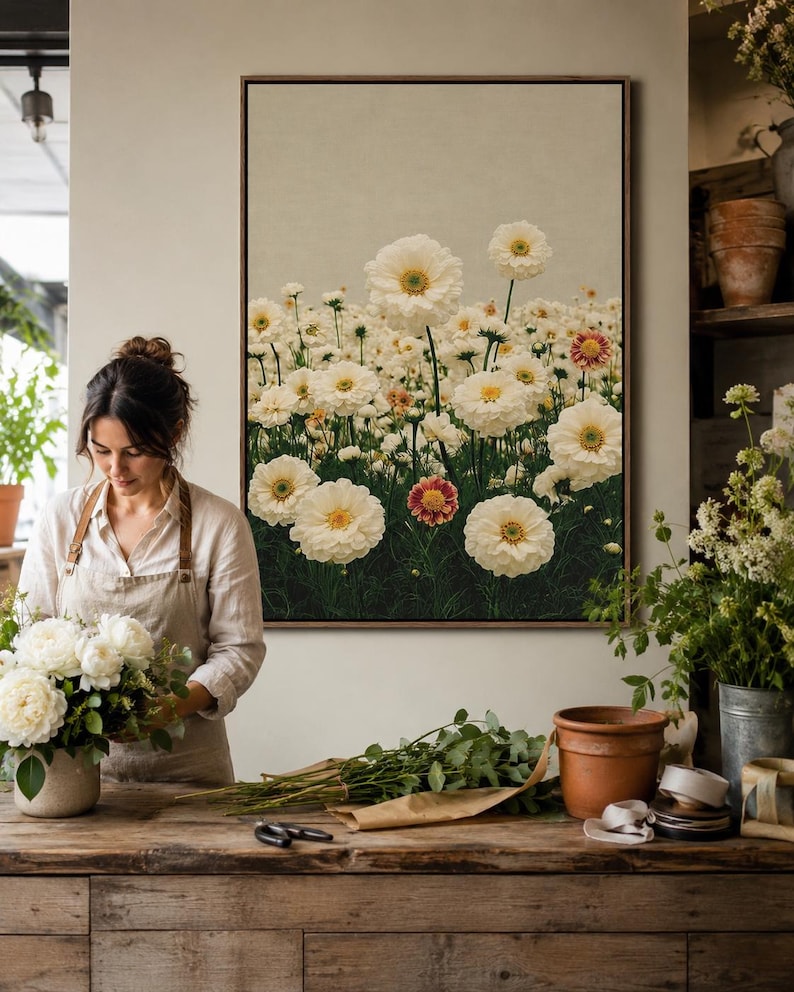 White daisy meadow floral artwork with cream flowers and green stems against a beige background