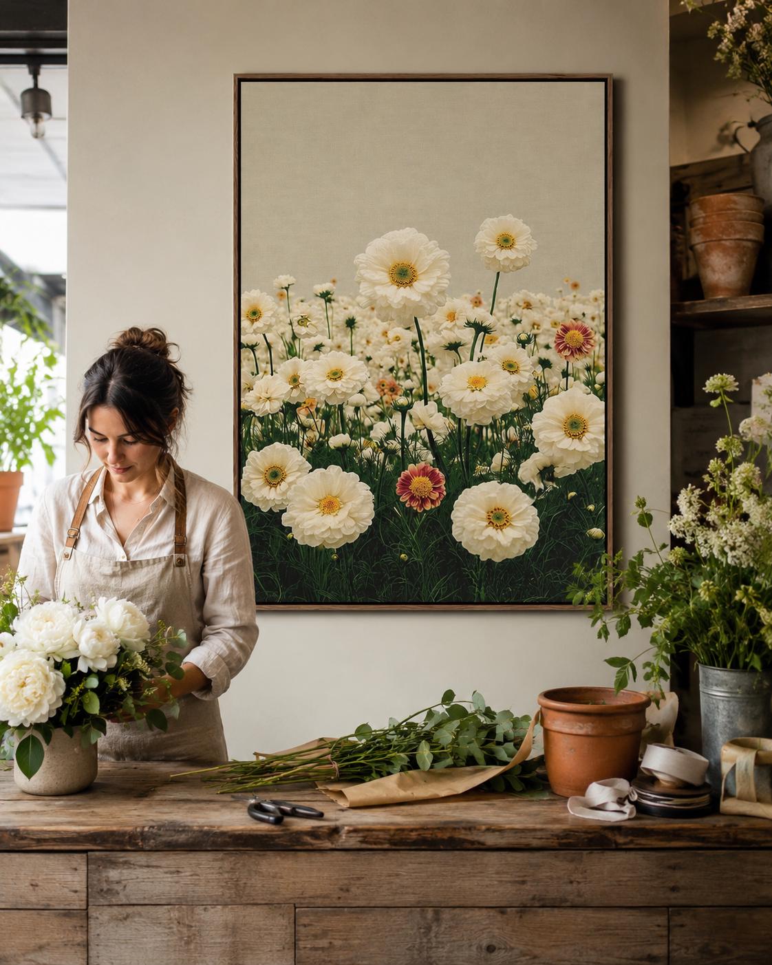 White daisy meadow floral artwork with cream flowers and green stems against a beige background