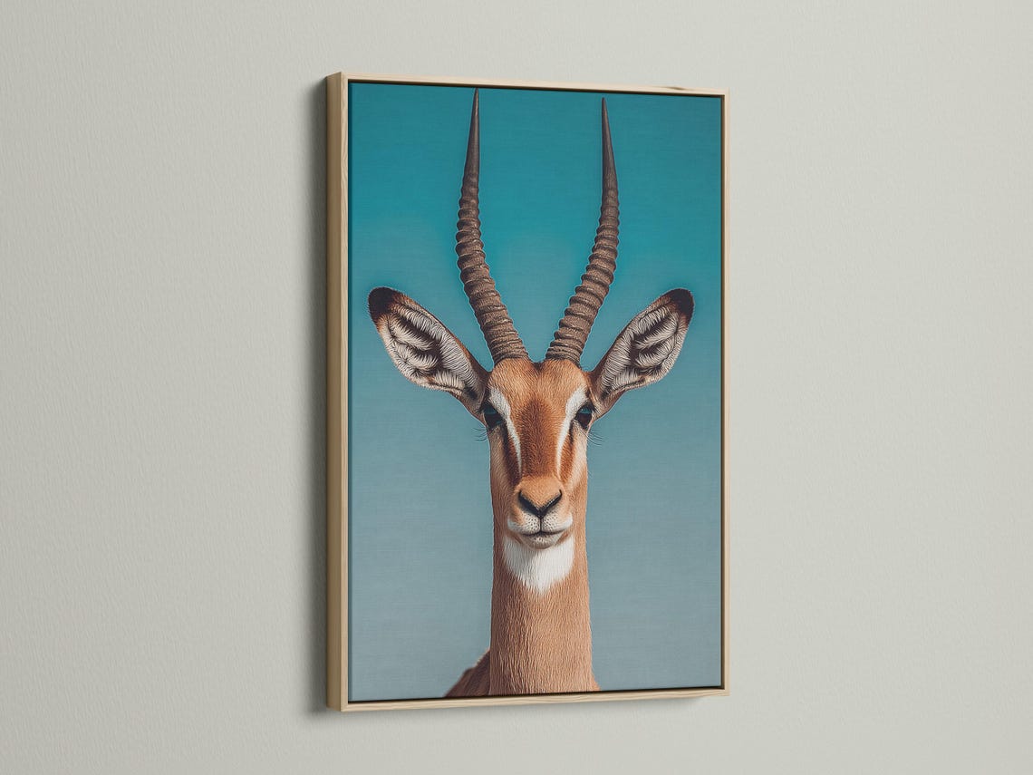 Teal gazelle artwork shown in a framed wall display mockup