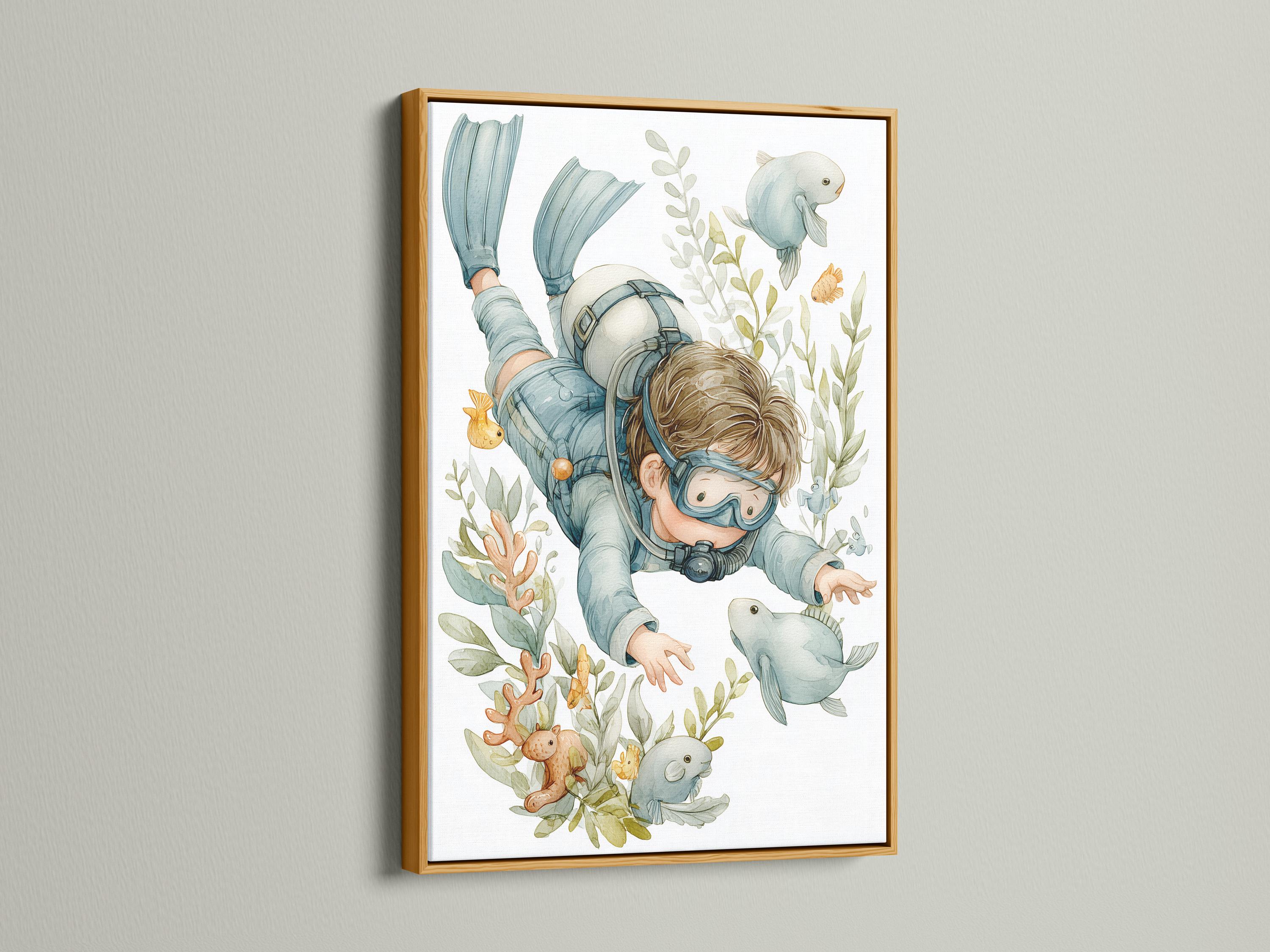Mockup showing a framed underwater diver illustration with fish and coral