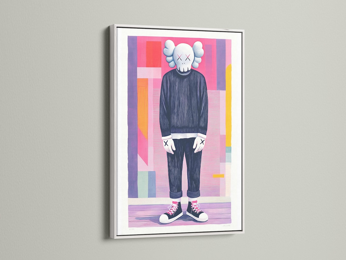 Room mockup showing a framed artwork with a pop-art figure and pink and purple geometric background