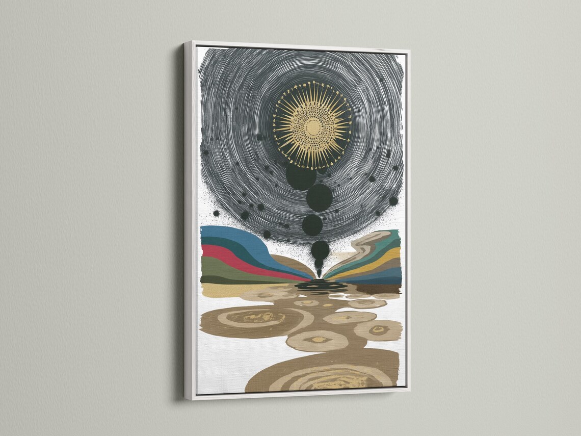 Abstract celestial eye with gold sunburst, concentric black lines and multicoloured wave bands detail view