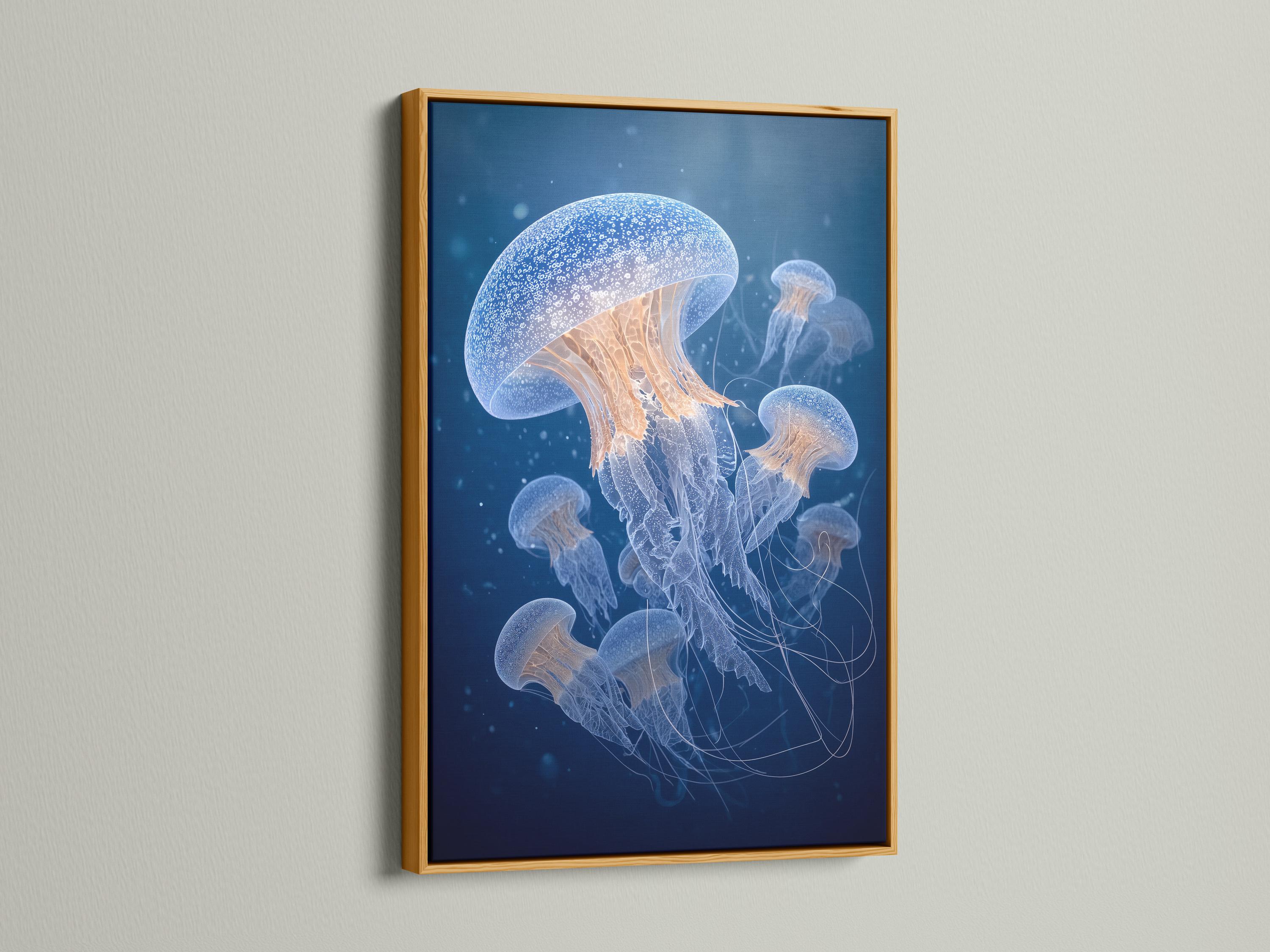 A framed artwork showing blue jellyfish on a deep navy ocean background