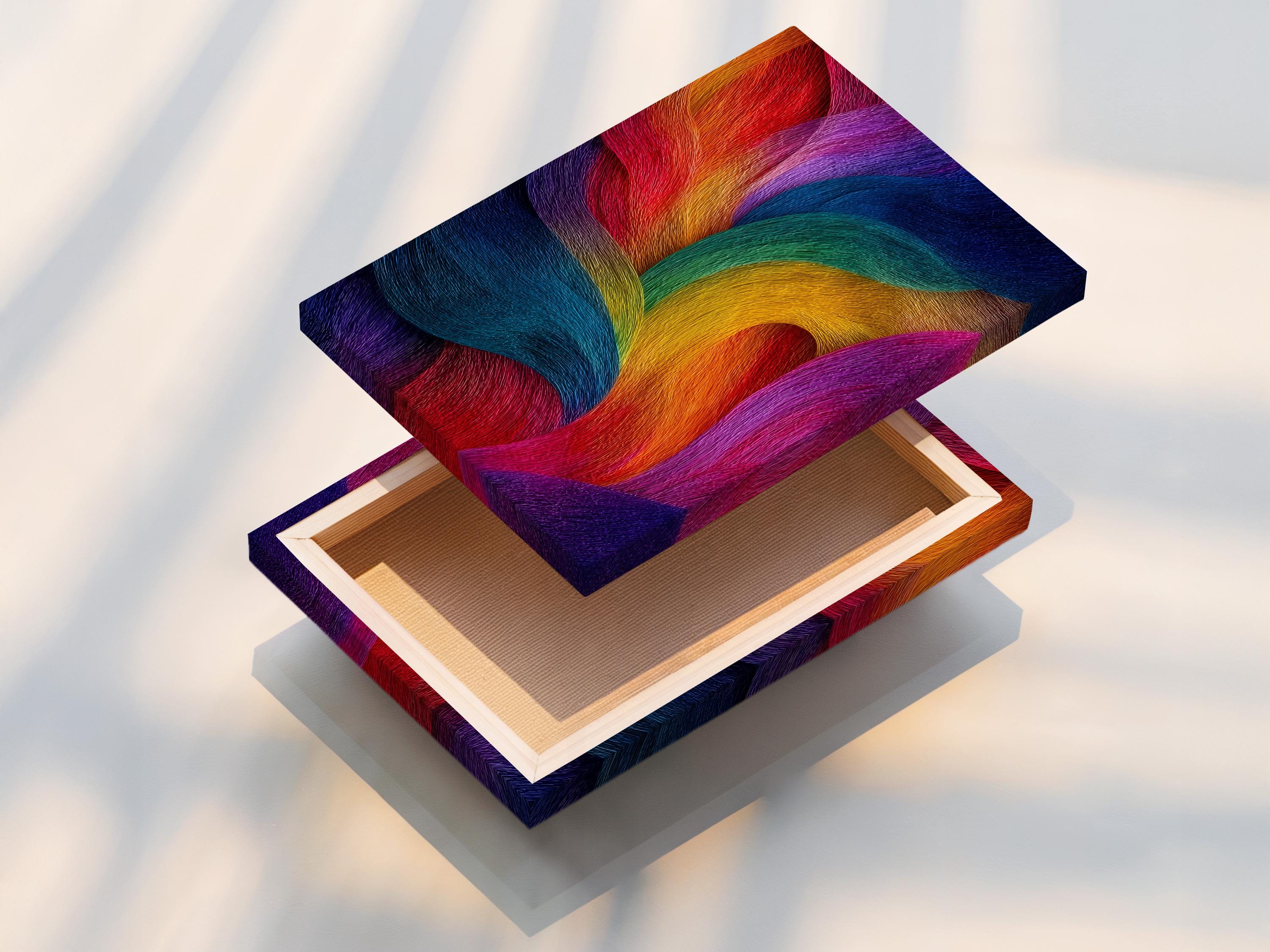 Rainbow abstract artwork with flowing curved bands in purple, blue, pink, teal, yellow and orange detail view