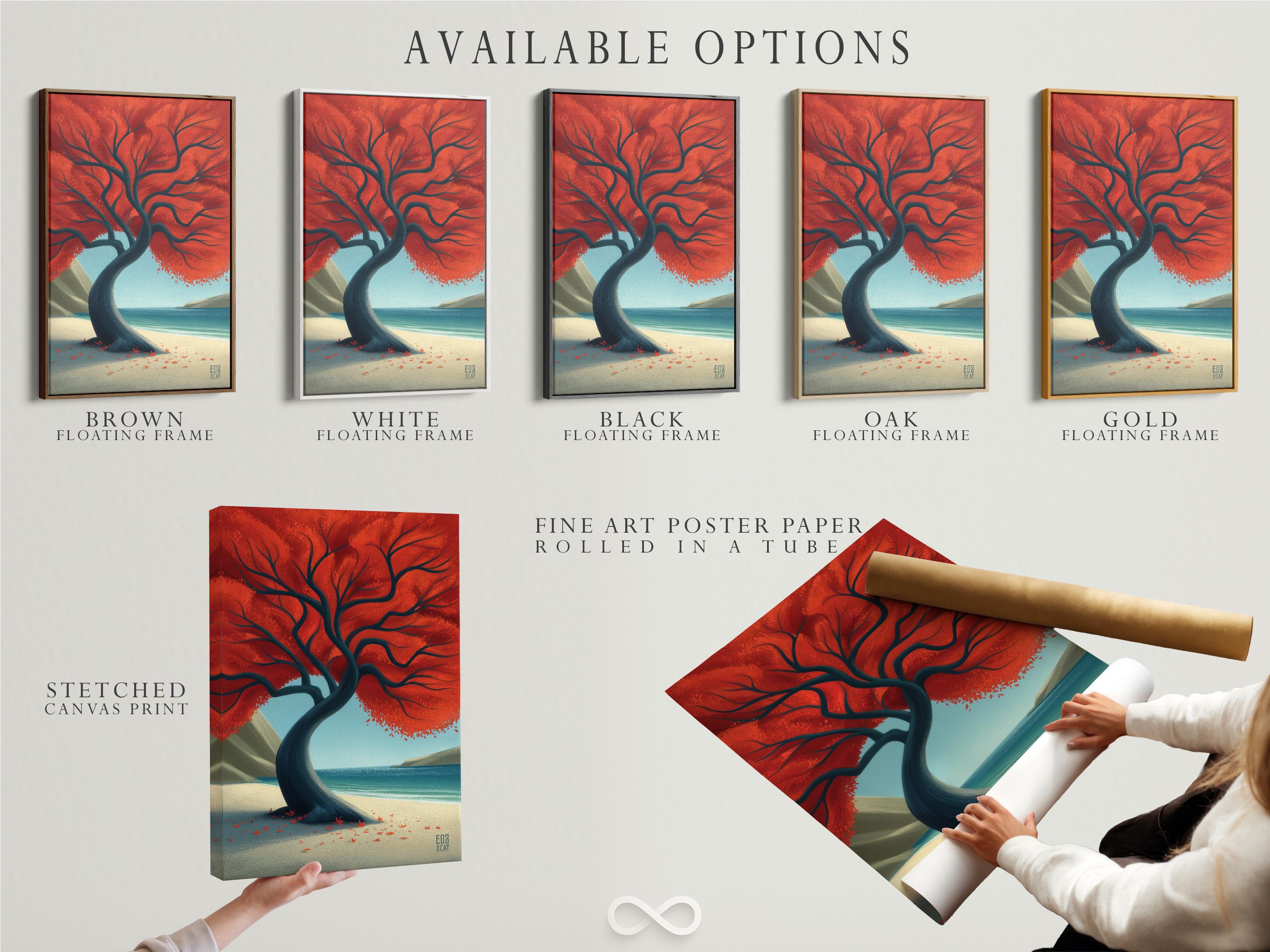Stylised tree with a red canopy over a sandy beach with a blue ocean detail view