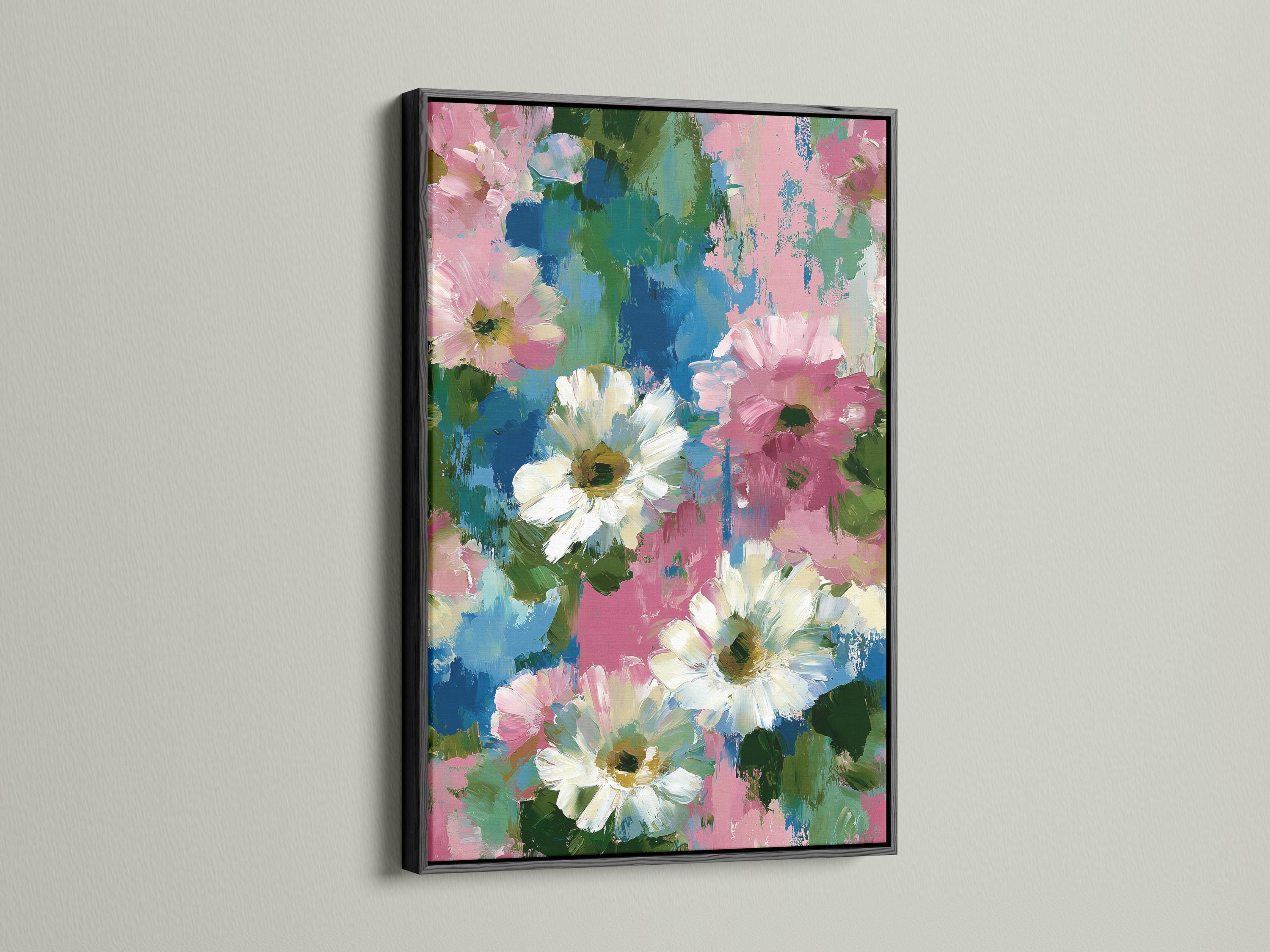 Room mockup showing a framed floral artwork with pink, white, teal and green brush textures
