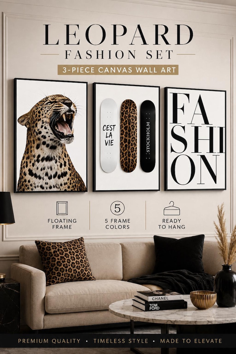 Three-panel leopard fashion wall art featuring a roaring leopard, skateboard deck shapes and bold serif typography