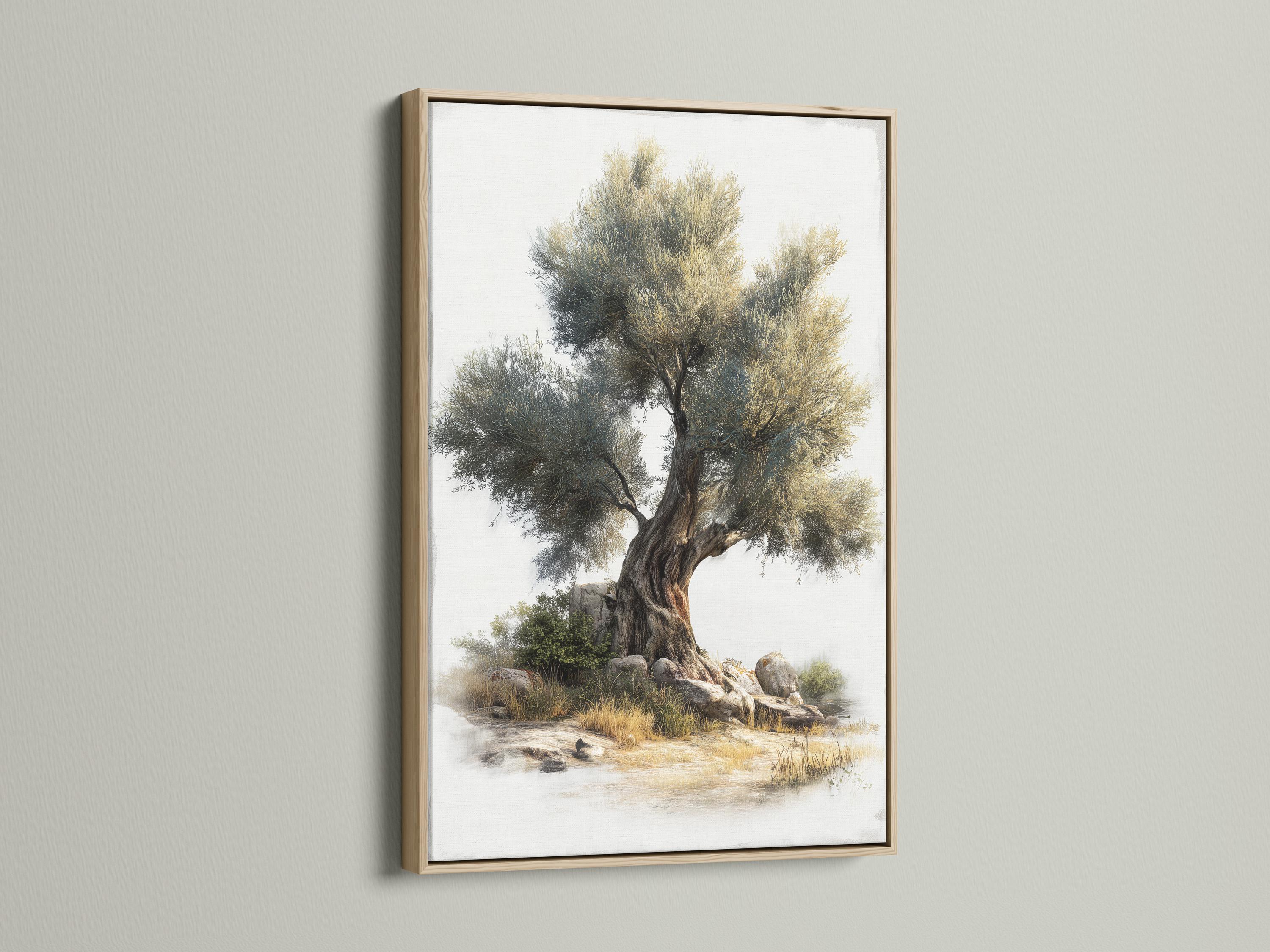 Painterly olive tree with dense green foliage above rocky riverbank and calm water in soft mist detail view