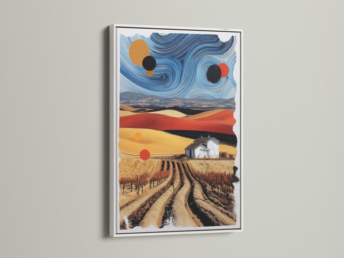 Stylised countryside landscape with ochre fields, a farmhouse, and a swirling blue sky with circular accents detail view