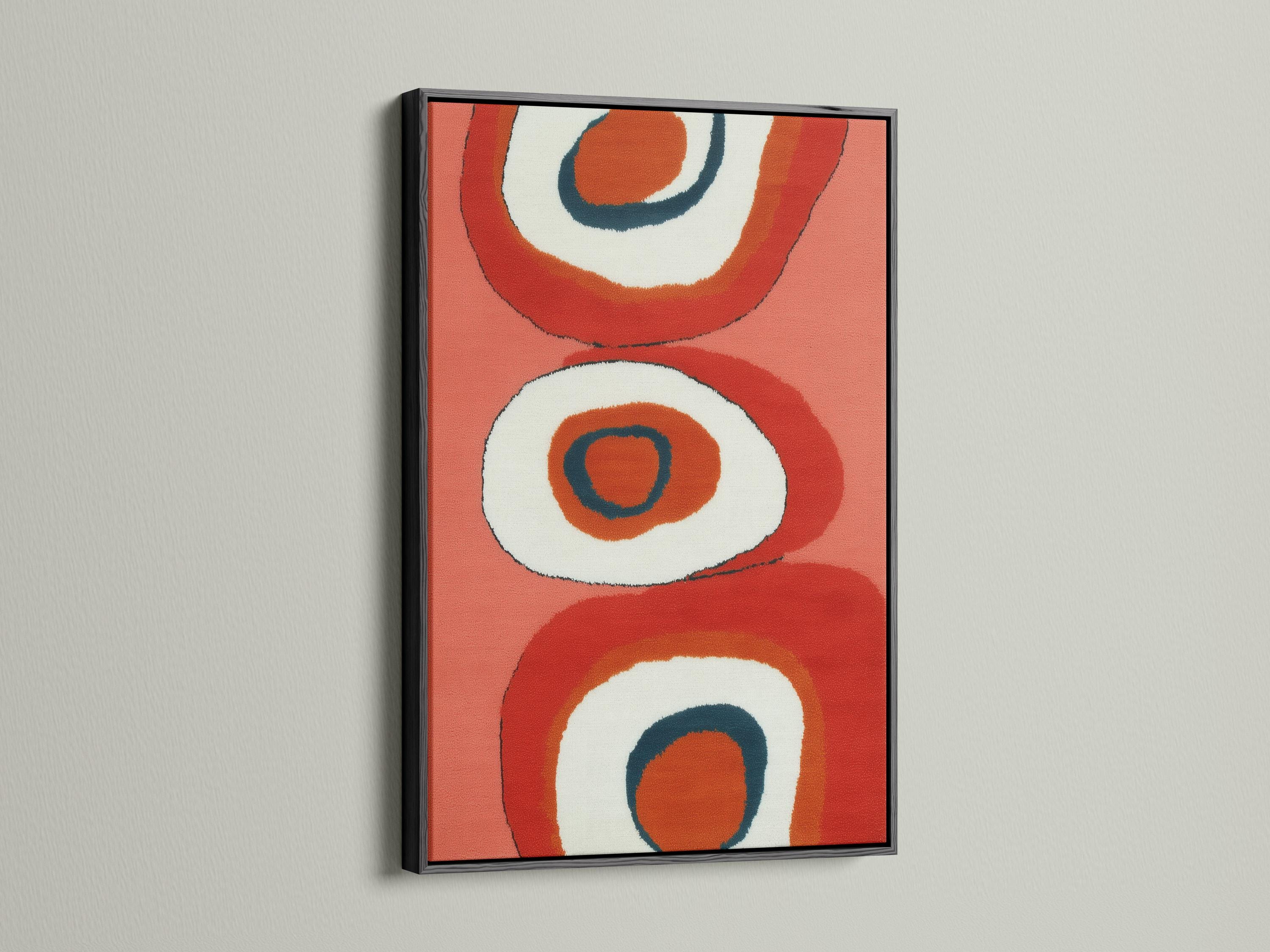 Coral and navy abstract artwork with retro ring shapes and off-white circular centres detail view