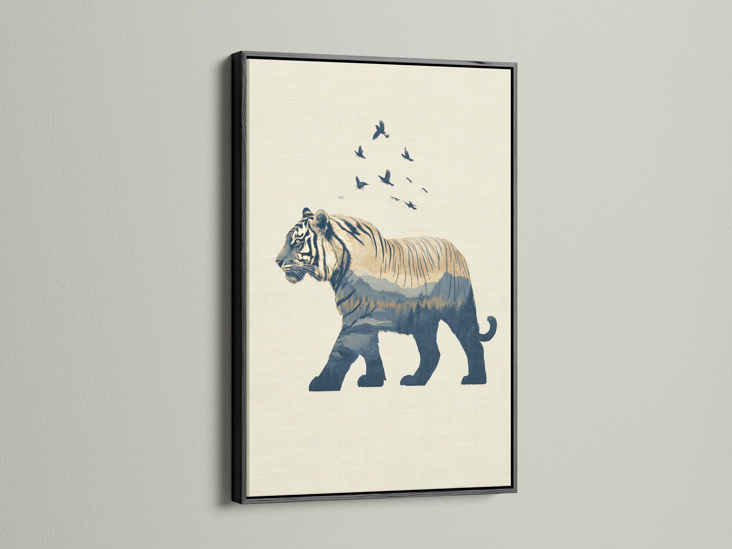 Minimalist tiger silhouette in navy with birds in flight above and layered mountains below detail view