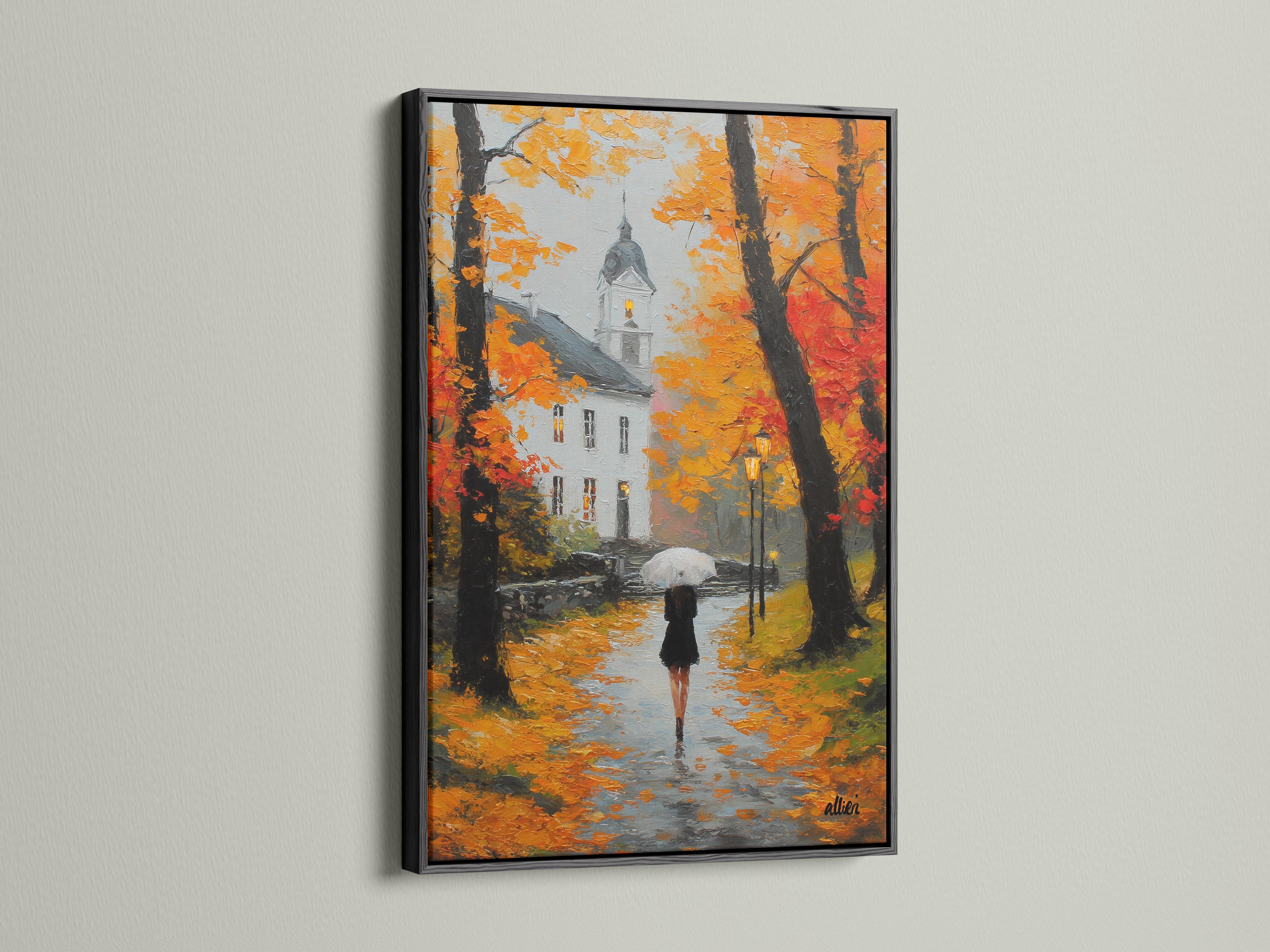 Painted autumn rain street scene with a figure holding an umbrella under orange and red trees detail view